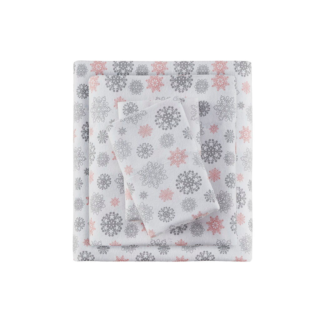 Cozy Flannel - King Sheet Set - Pink / Gray Snowflakes