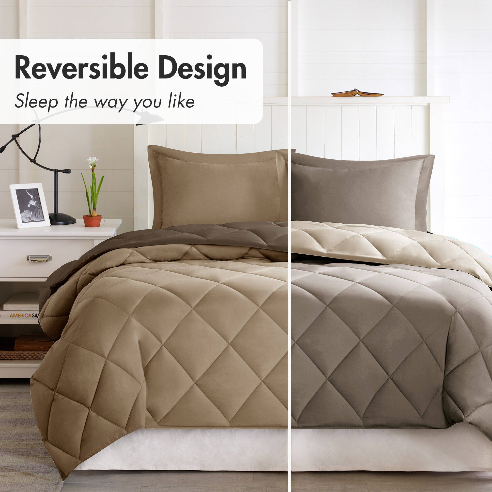 Larkspur - King 3M Scotchgard Diamond Quilting Reversible Down Alternative Comforter Set - Brown / Sand