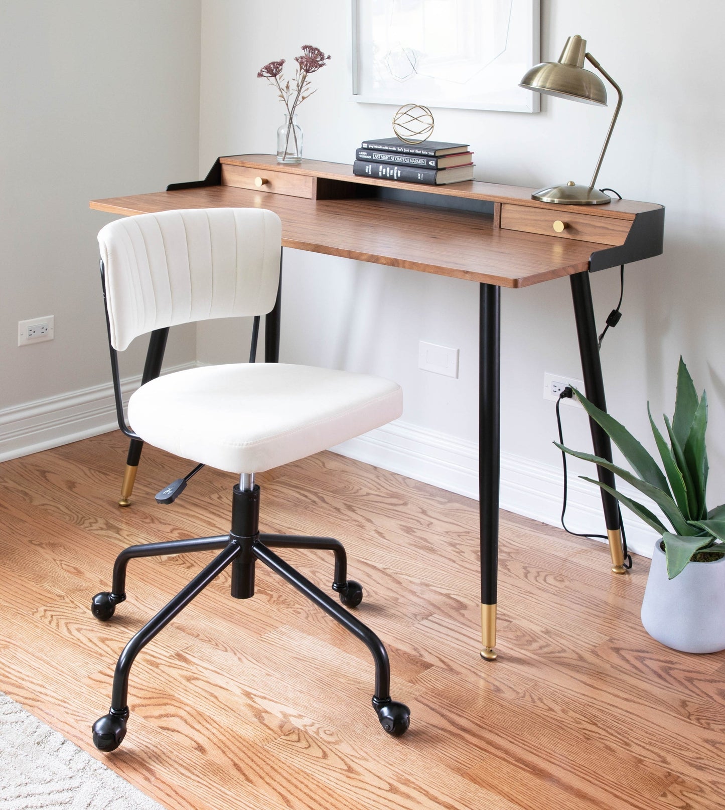 Harvey Mid-Century Modern Desk in Black Metal and Walnut Wood with Gold Accent by LumiSource