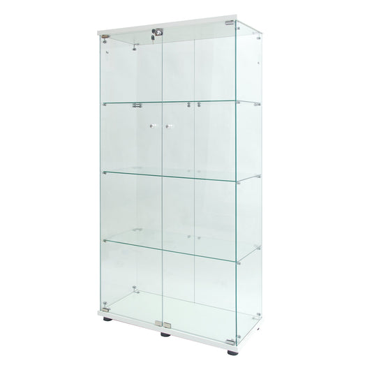 Two-door LED lights  Glass Display Cabinet 4 Shelves with Door, Floor Standing Curio Bookshelf for Living Room Bedroom Office, 64.7"*31.7"*14.3", White