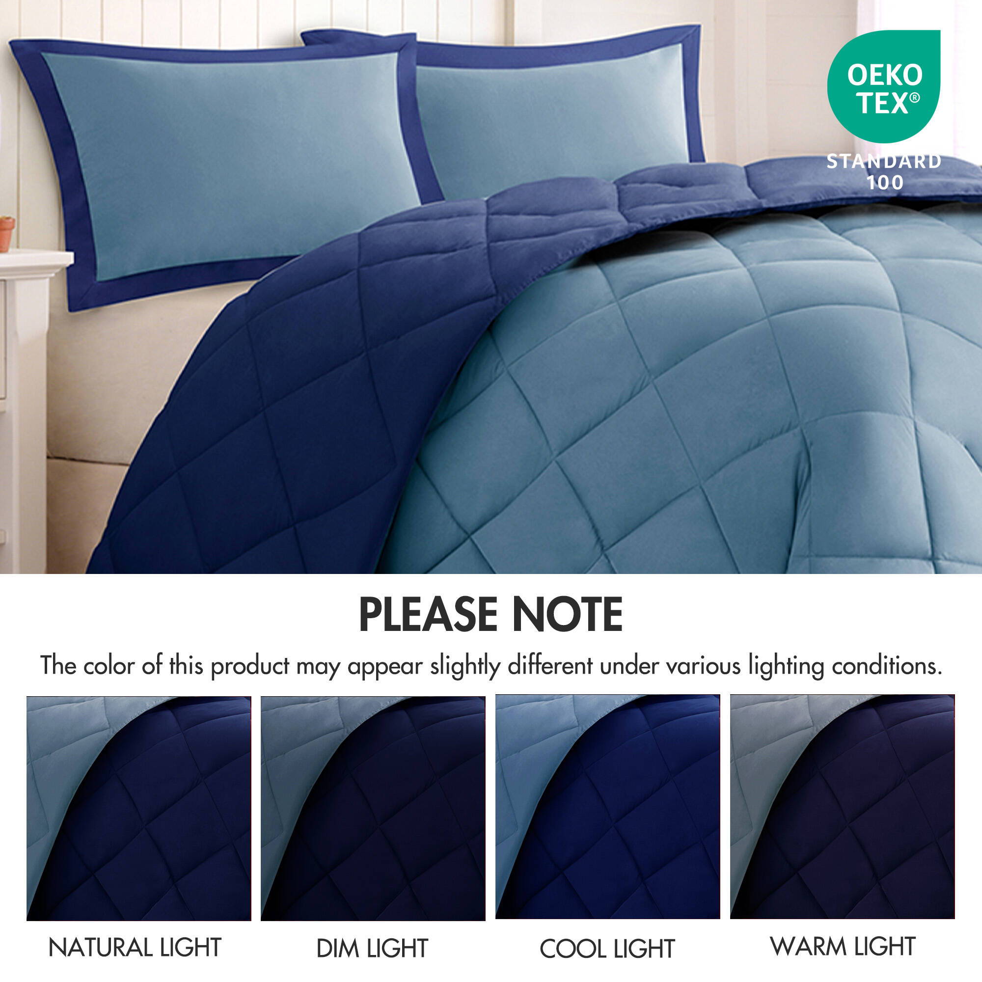 Larkspur - King 3M Scotchgard Diamond Quilting Reversible Down Alternative Comforter Set - Navy / Light Blue