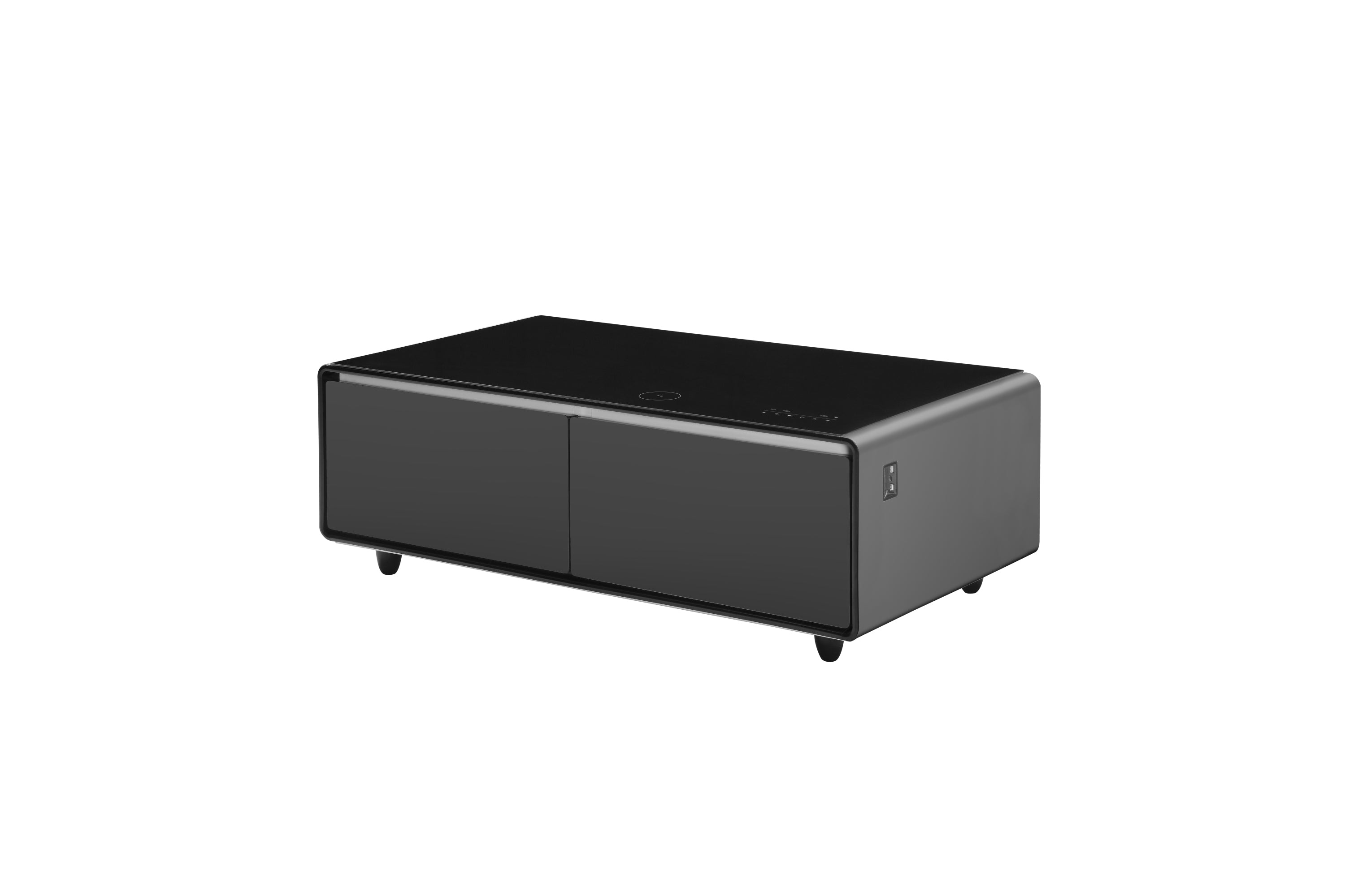 Modern Smart Coffee Table with Built-in Fridge, Bluetooth Speaker, Wireless Charging Module, Touch Control Panel, Power Socket, USB Interface, Outlet Protection, Atmosphere light, Black