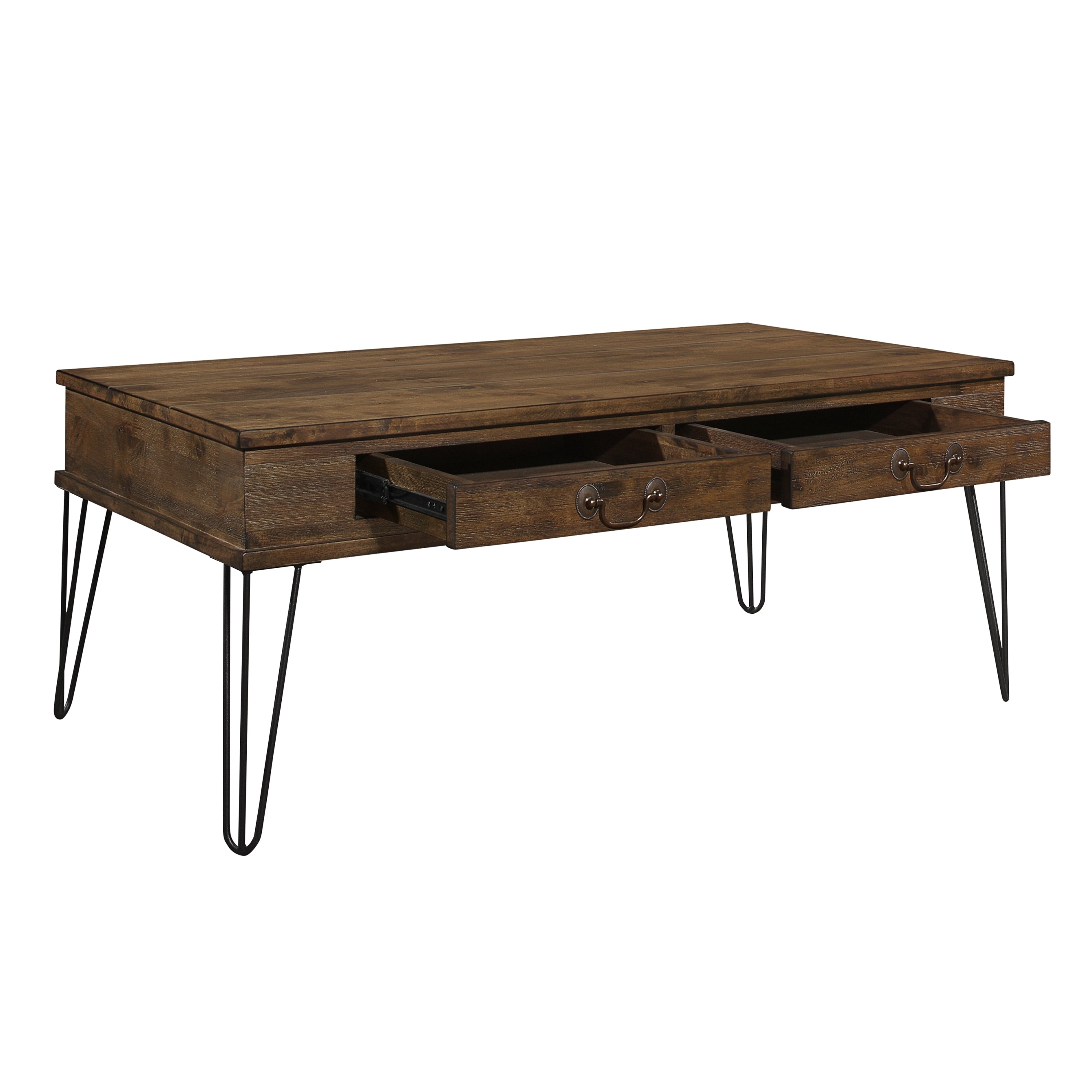 Rustic Oak and Black Finish Classic Rectangular Cocktail Table with 2 Drawers Metal Legs Solid Wood Living Room Furniture 1pc