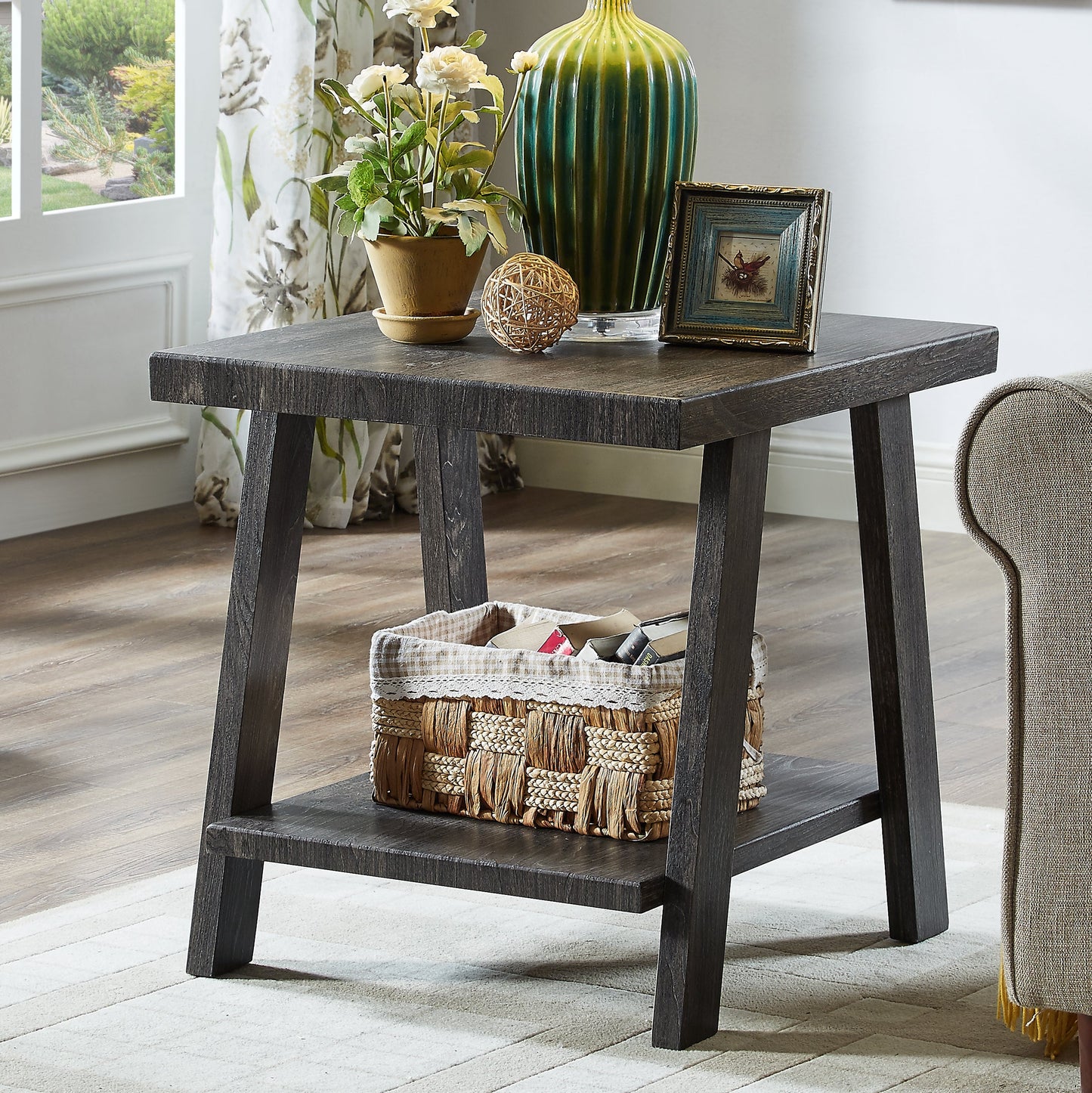 Athens Contemporary Replicated Wood Shelf Coffee Set Table in Charcoal Finish