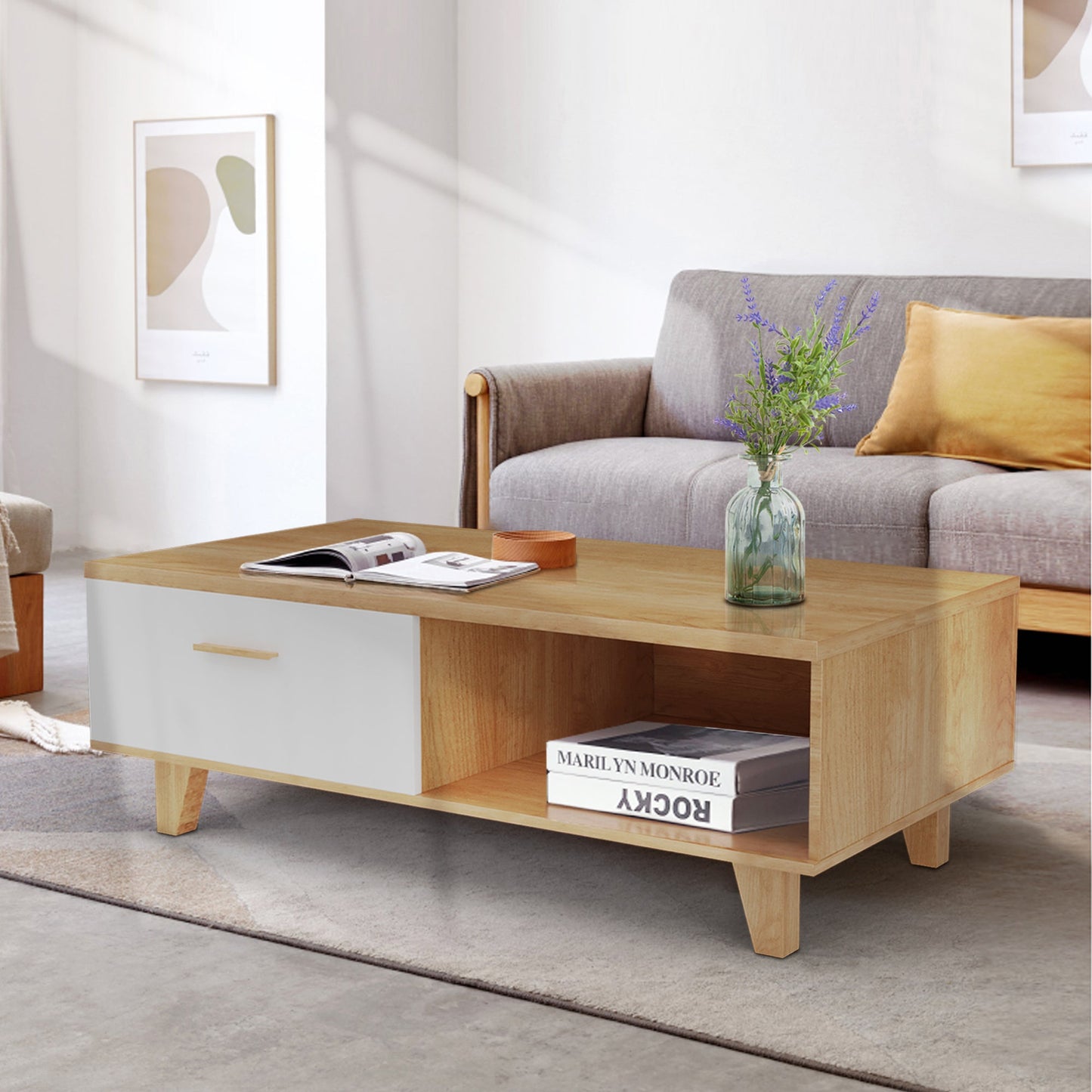 COFFEE TABLE computer table, wood+white color, solid wood handles and legs, two drawers