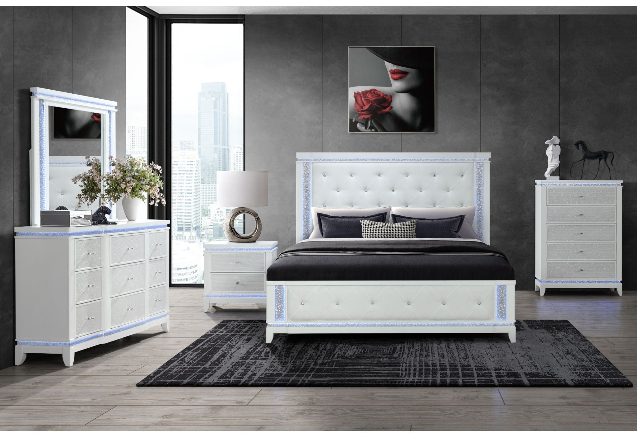 Alina - 5 Piece Full Bedroom Set With LED, Cooler, Speaker And USB - White