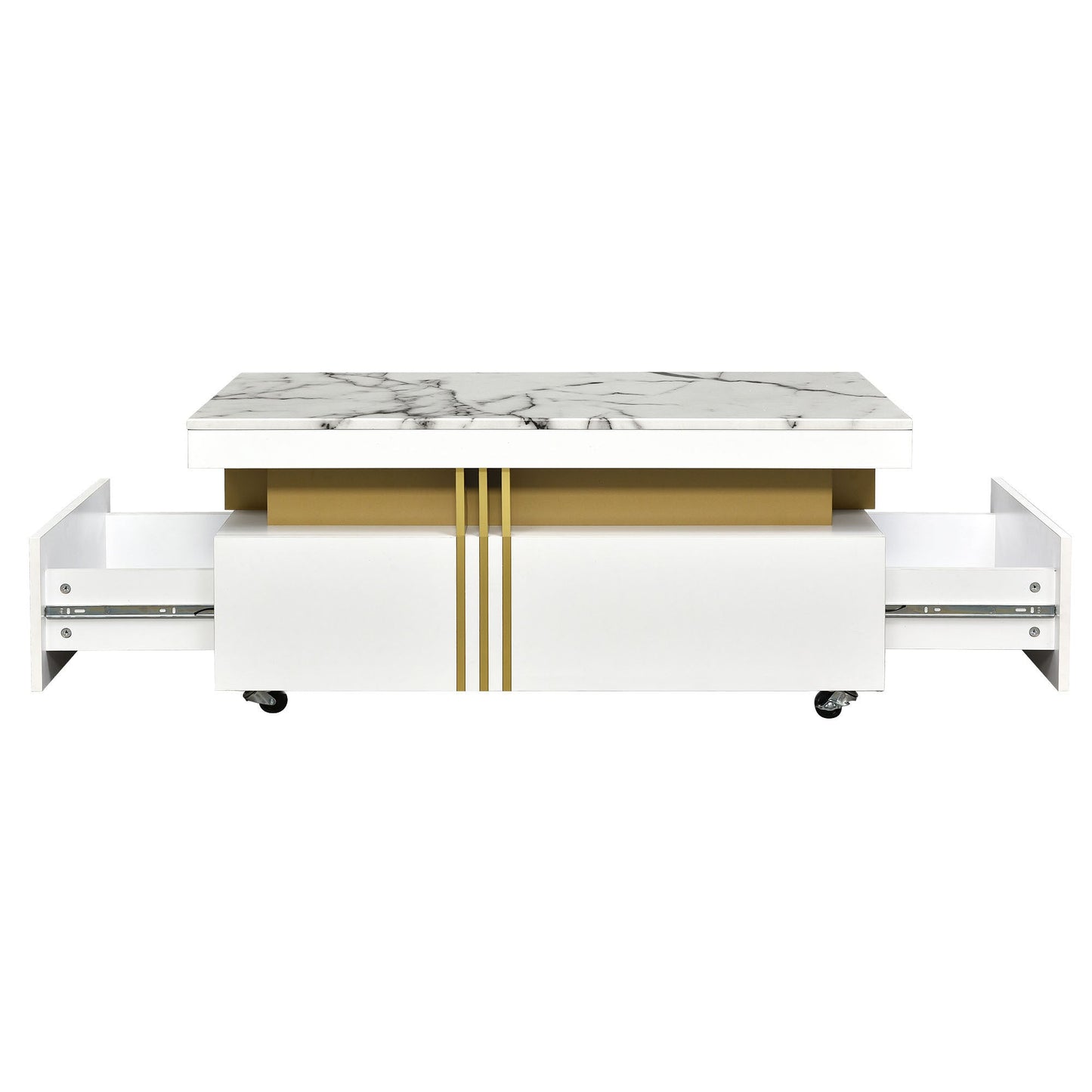 Contemporary Coffee Table with Faux Marble Top, Rectangle Cocktail Table with Caster Wheels, Moderate Luxury Center Table with Gold Metal Bars for Living Room, White