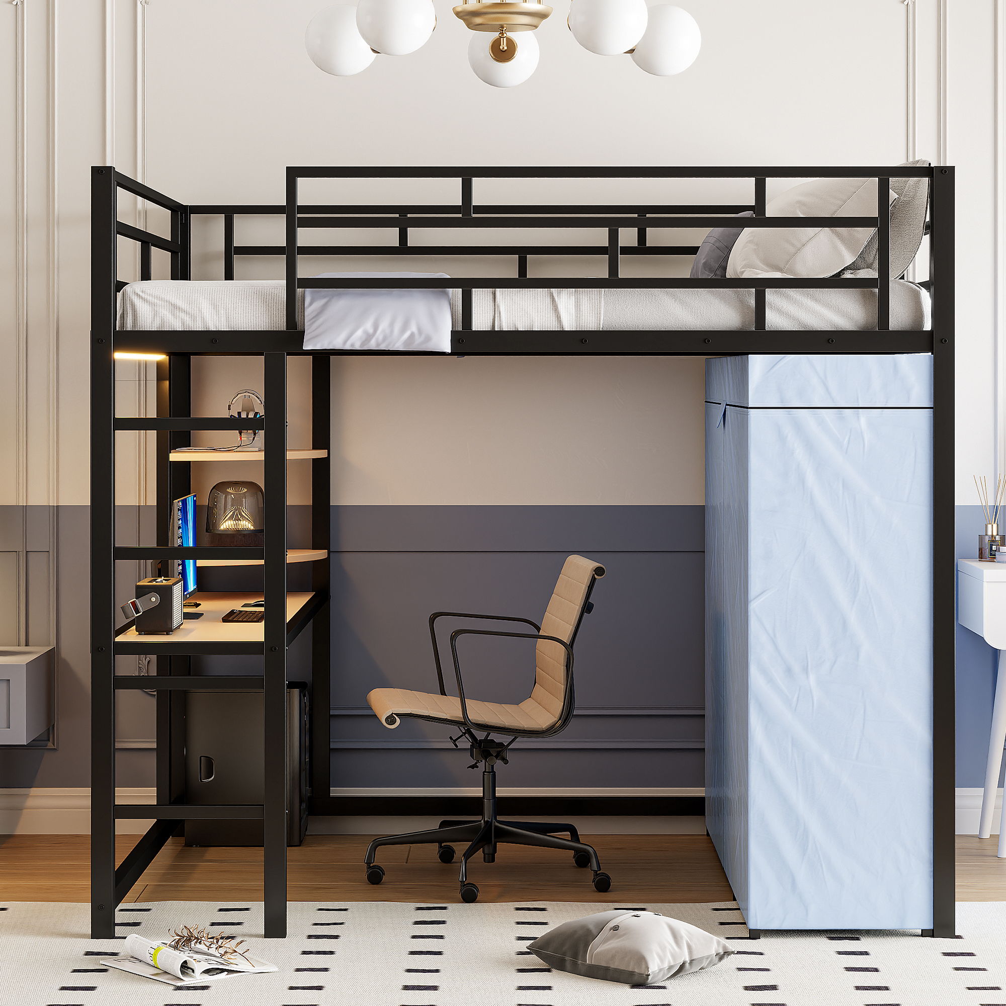 Loft Bed With Desk, Shelves, Power Outlet, LED Light And Wardrobe