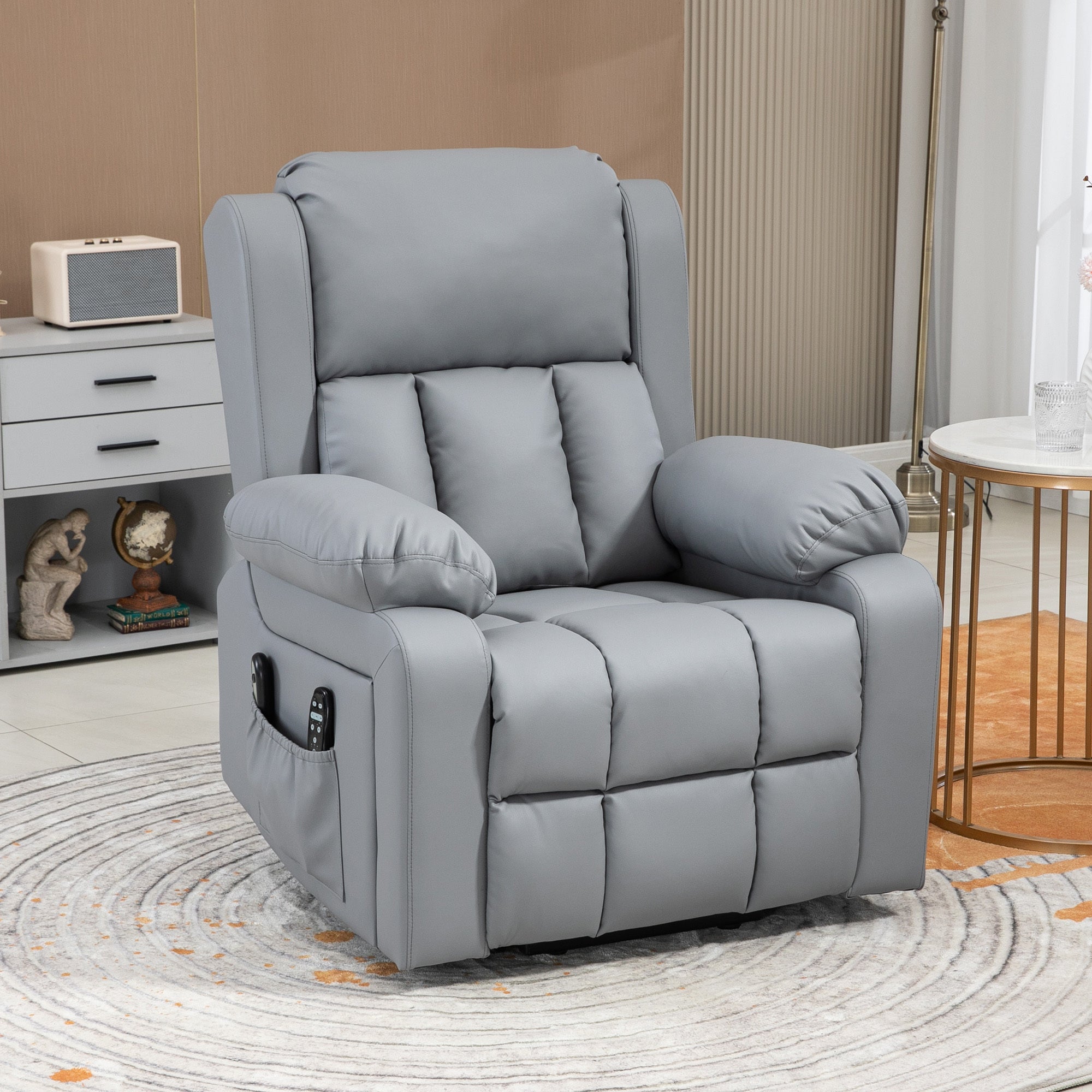 HOMCOM Electric Power Lift Recliner Chair, PU Leather Reclining Chair with Vibration Massage, Heated, Remote Control, Side Pockets, for Elderly, Gray