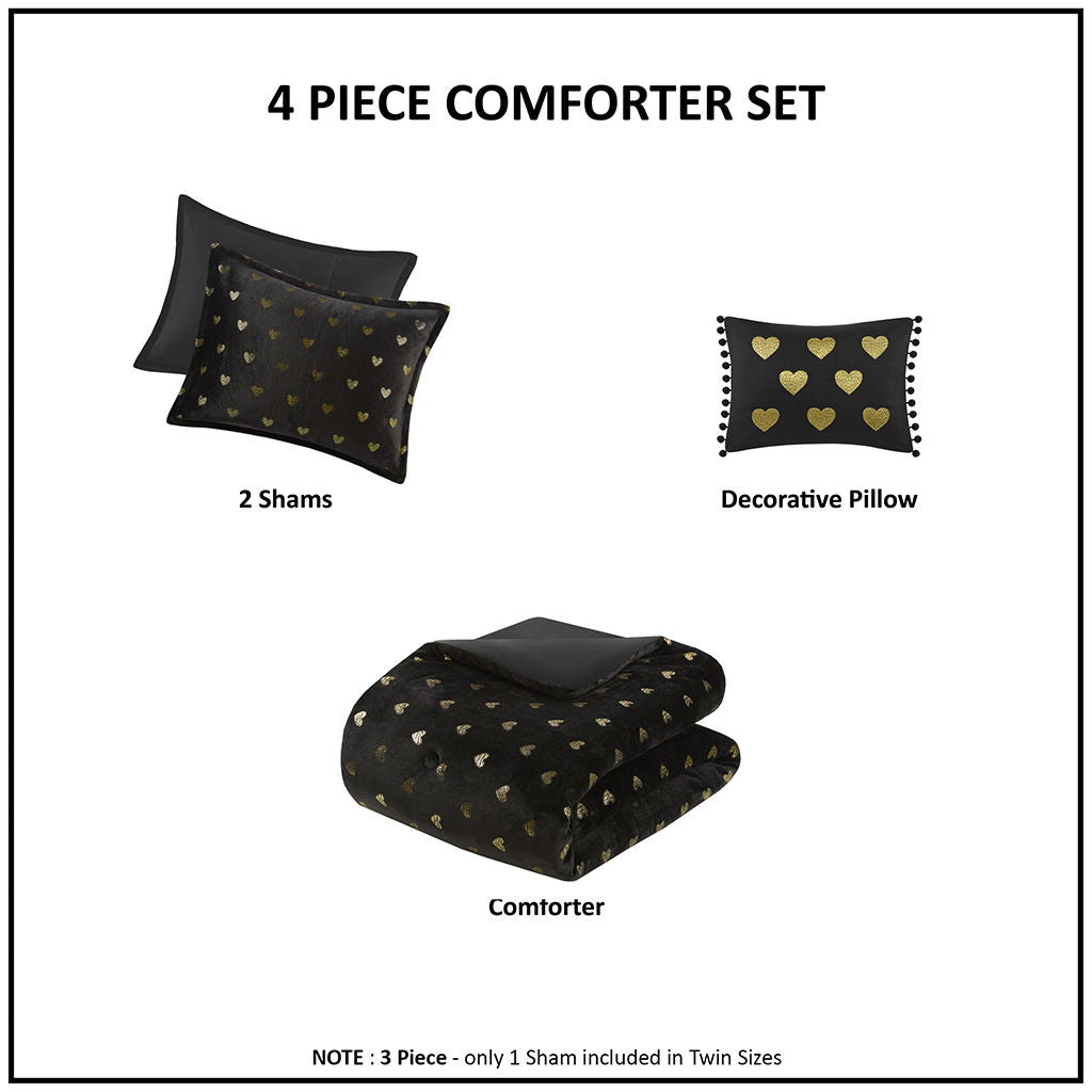 Rosalie - 4 Piece Full/Queen Metallic Printed Plush Comforter Set With Throw Pillow - Black/Gold