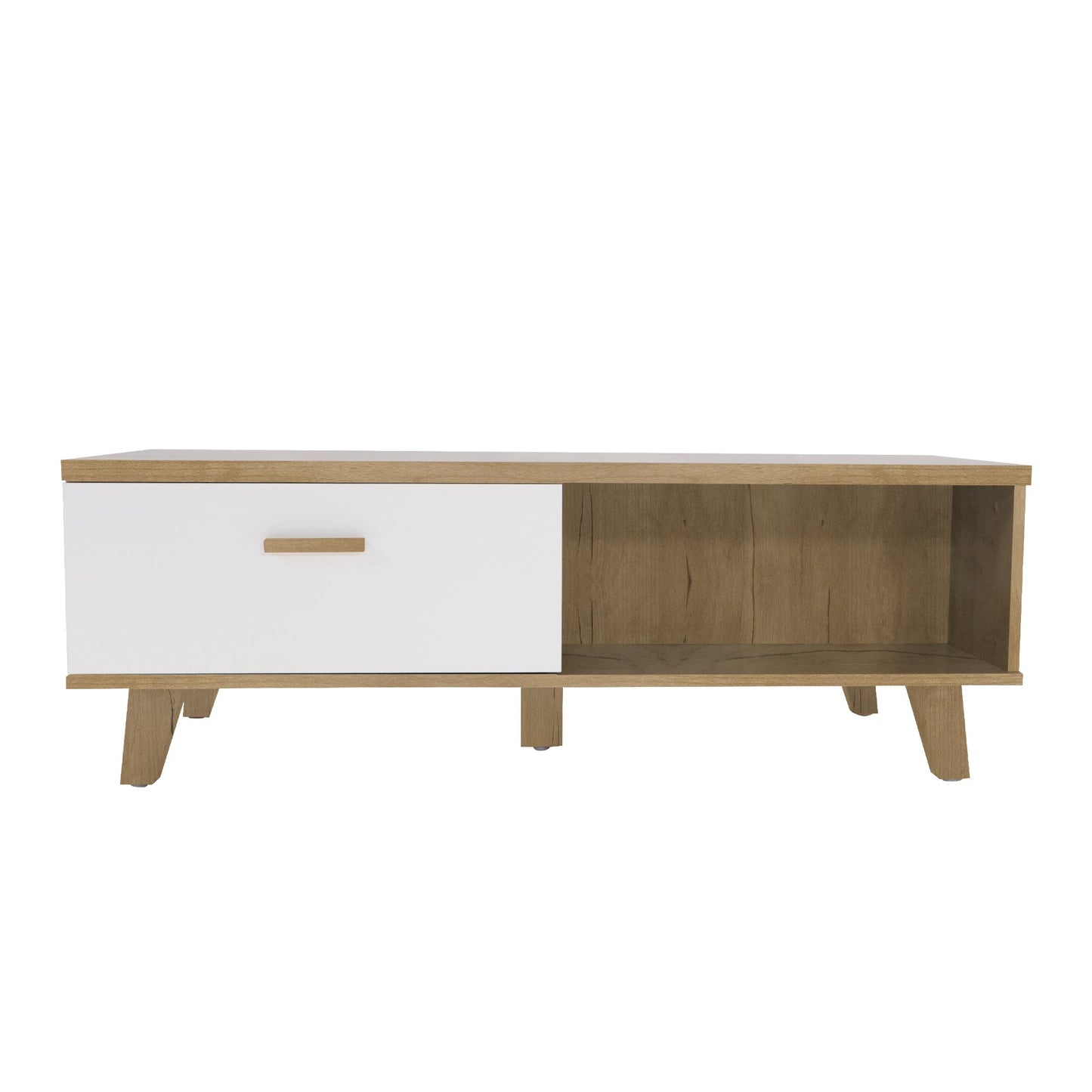 COFFEE TABLE computer table, wood+white color, solid wood handles and legs, two drawers