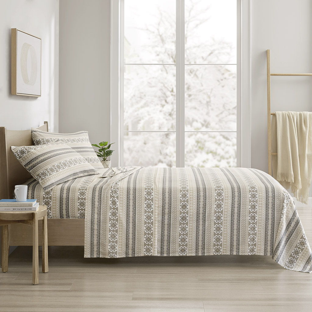 Cozy Cotton Flannel - Printed Queen Sheet Set - Gray / Taupe Nordic