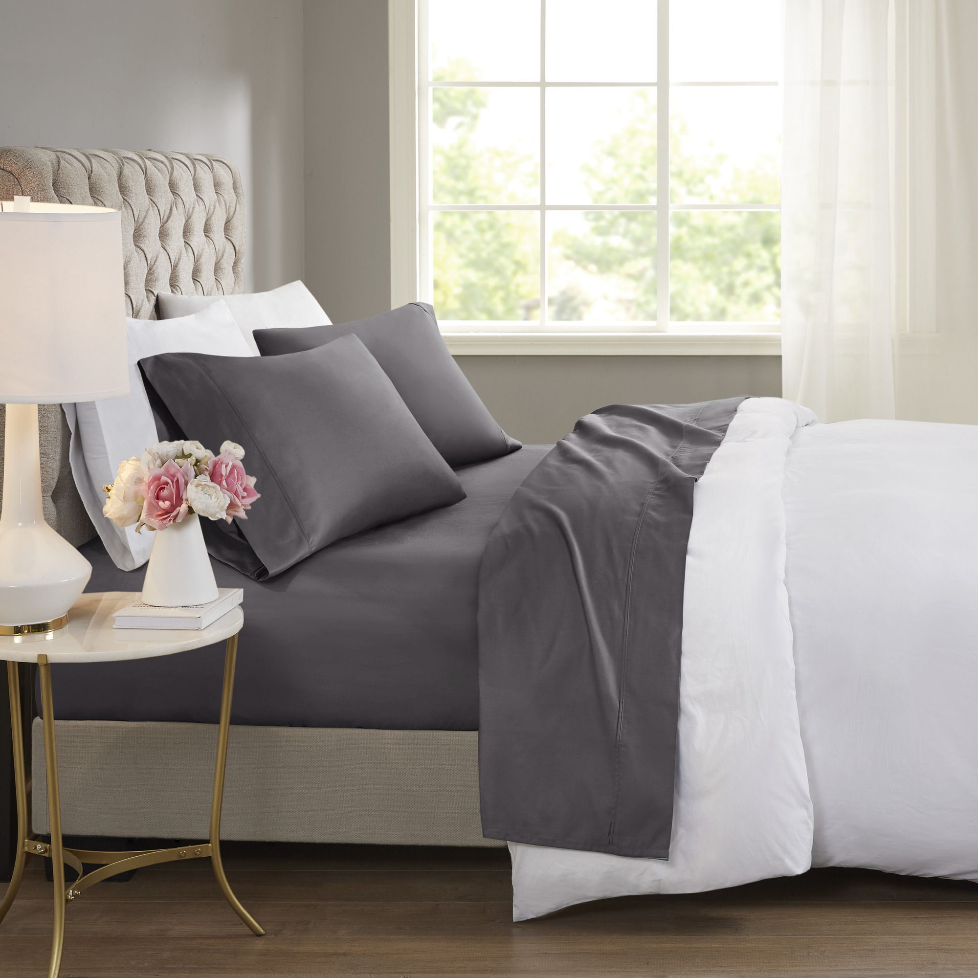 600 Thread Count - Cooling Cotton Blend 4-Piece Sheet Set - Charcoal