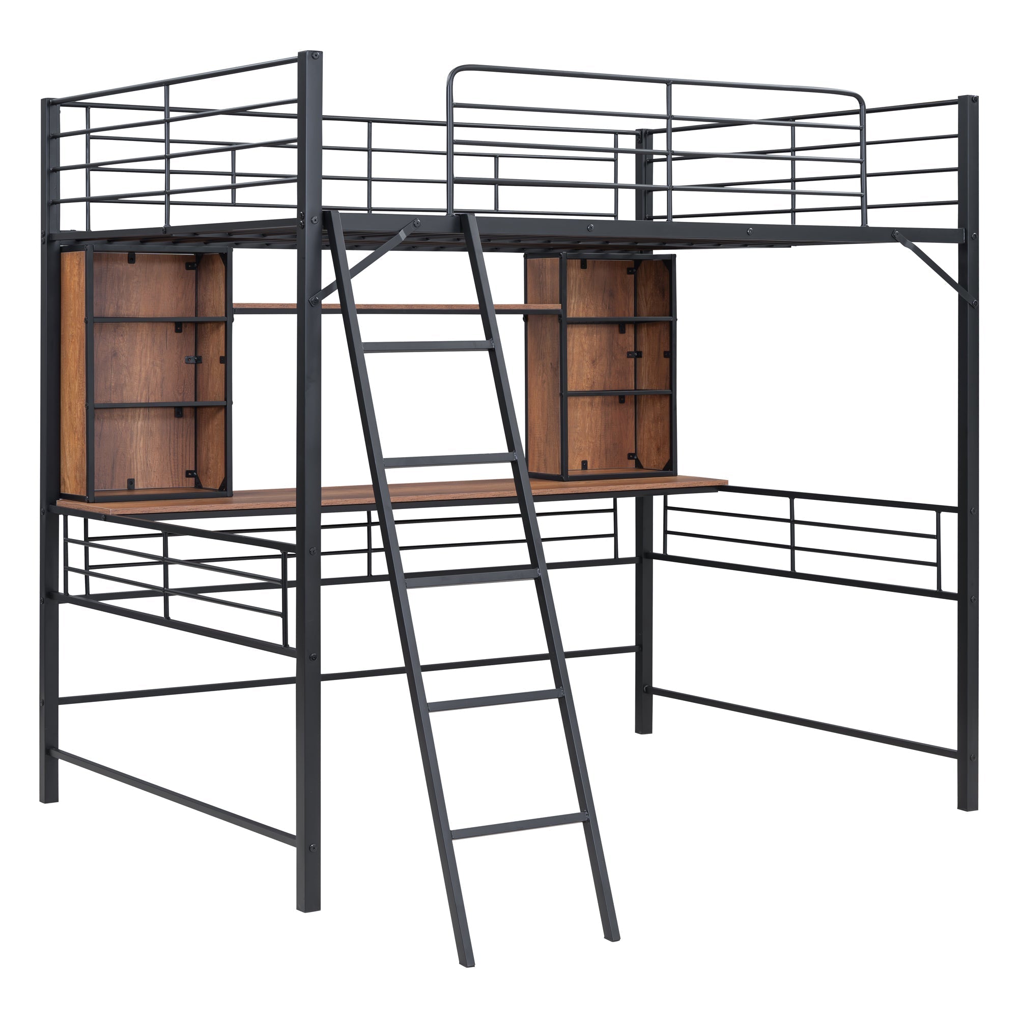 Full Size Loft Bed with Desk and Shelf , Loft Bed with Ladder,Full,Black