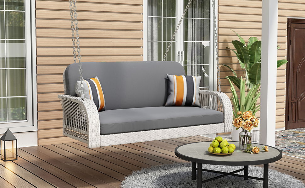 PE Wicker Porch Swing, 2 Seater Hanging Bench With Chains, Patio Furniture Swing For Backyard Garden Poolside