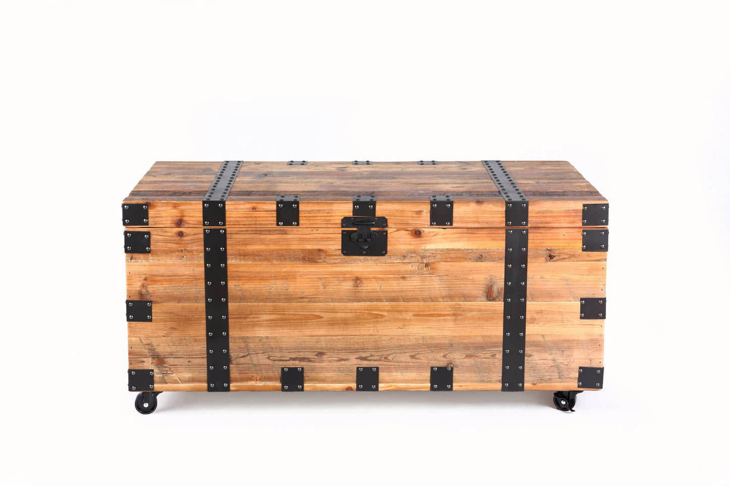 Trunk Table with four wheel Large capacity storage Coffee table, NaturalReclaimed Wood /Black Metal