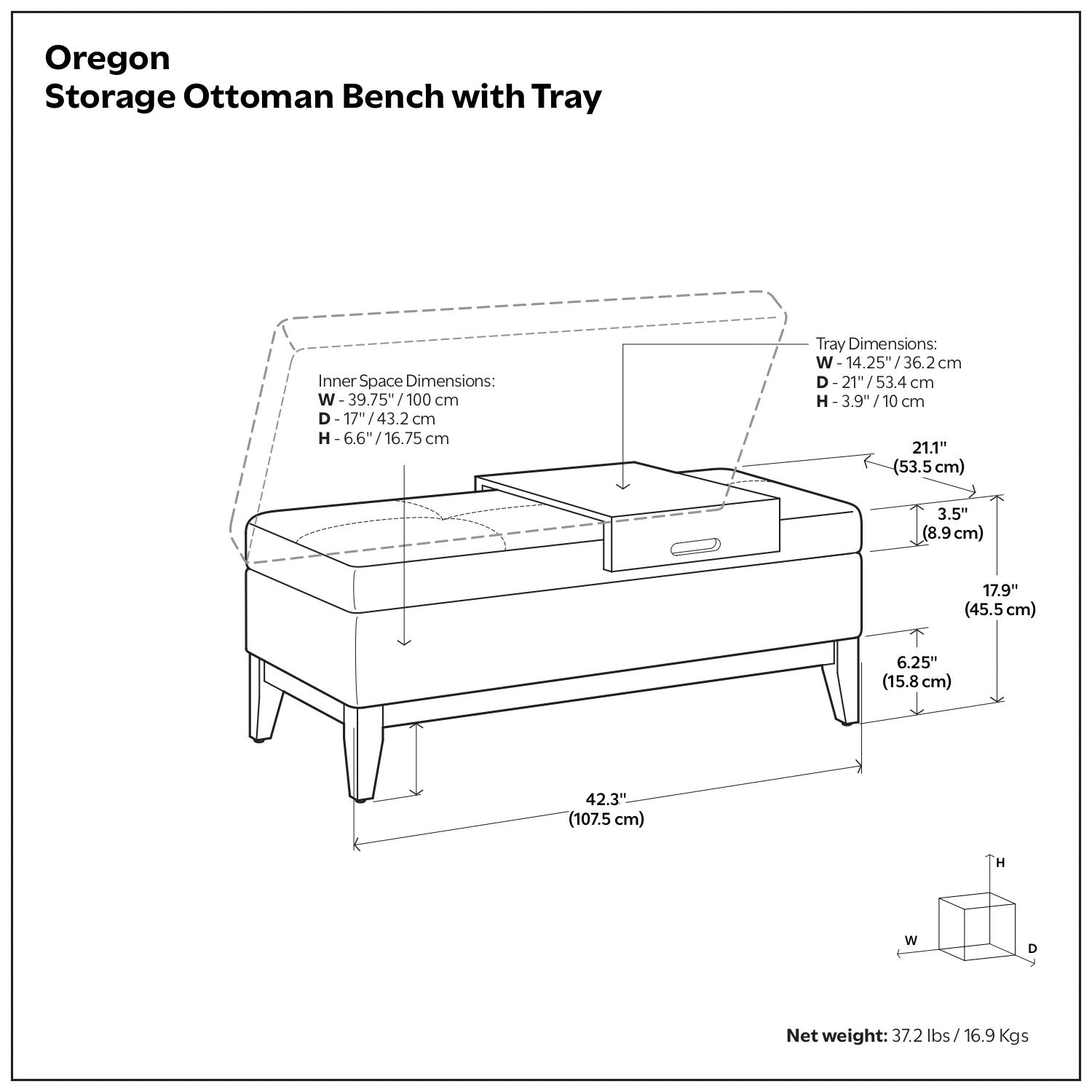 Oregon - Storage Ottoman Bench With Tray - Distressed Black