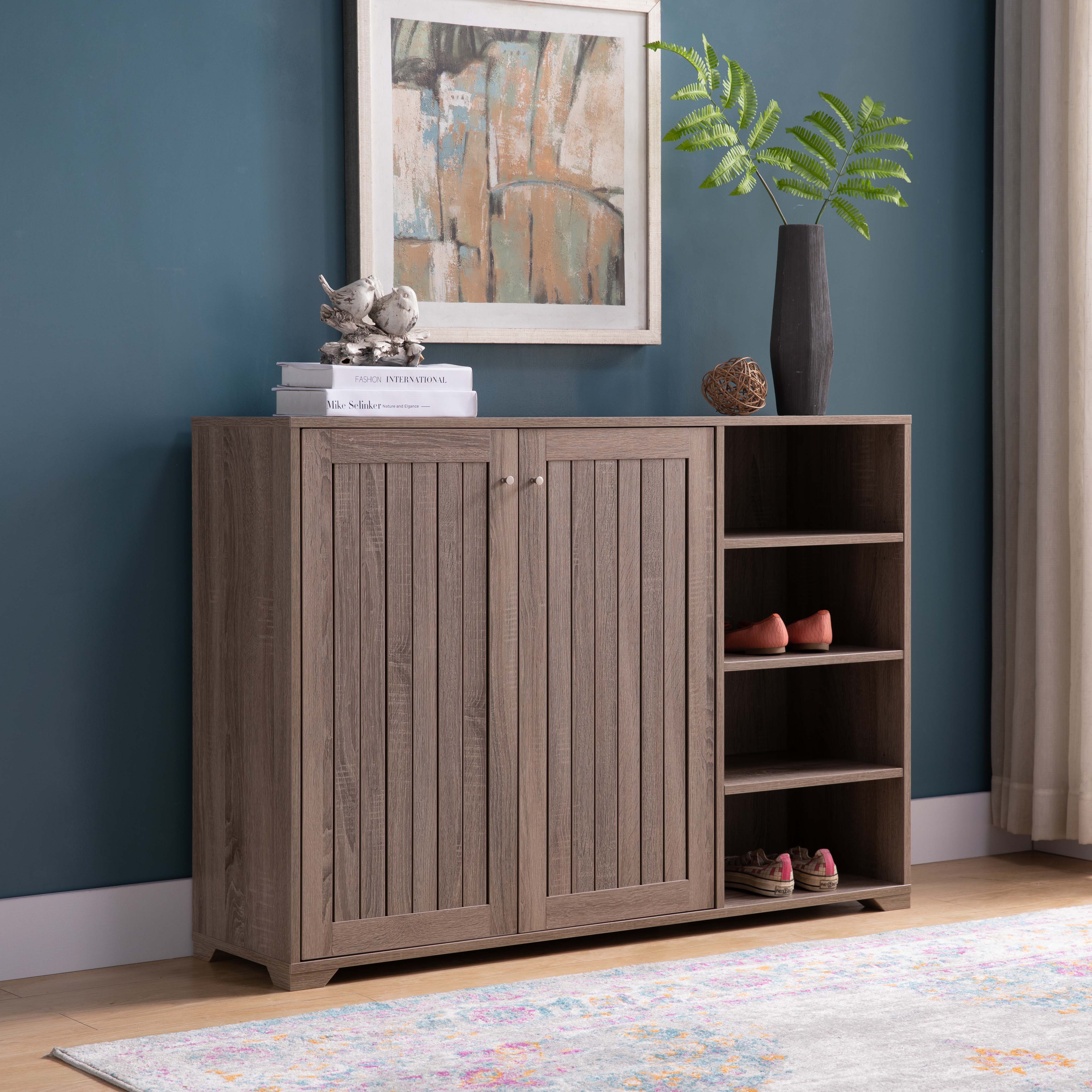 Entryway 4 Tier Organizing Storage Cabinet, Double Door Wooden Shoe Cabinet - Dark Taupe