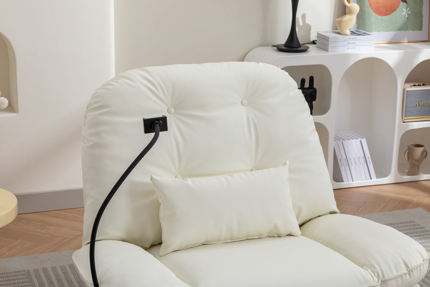 Smart Power Recliner Sofa  USB Charger With Bluetooth Swivel Single Chair with Voice Control Gaming Sleeping working Hidden Arm Storage (Cream)