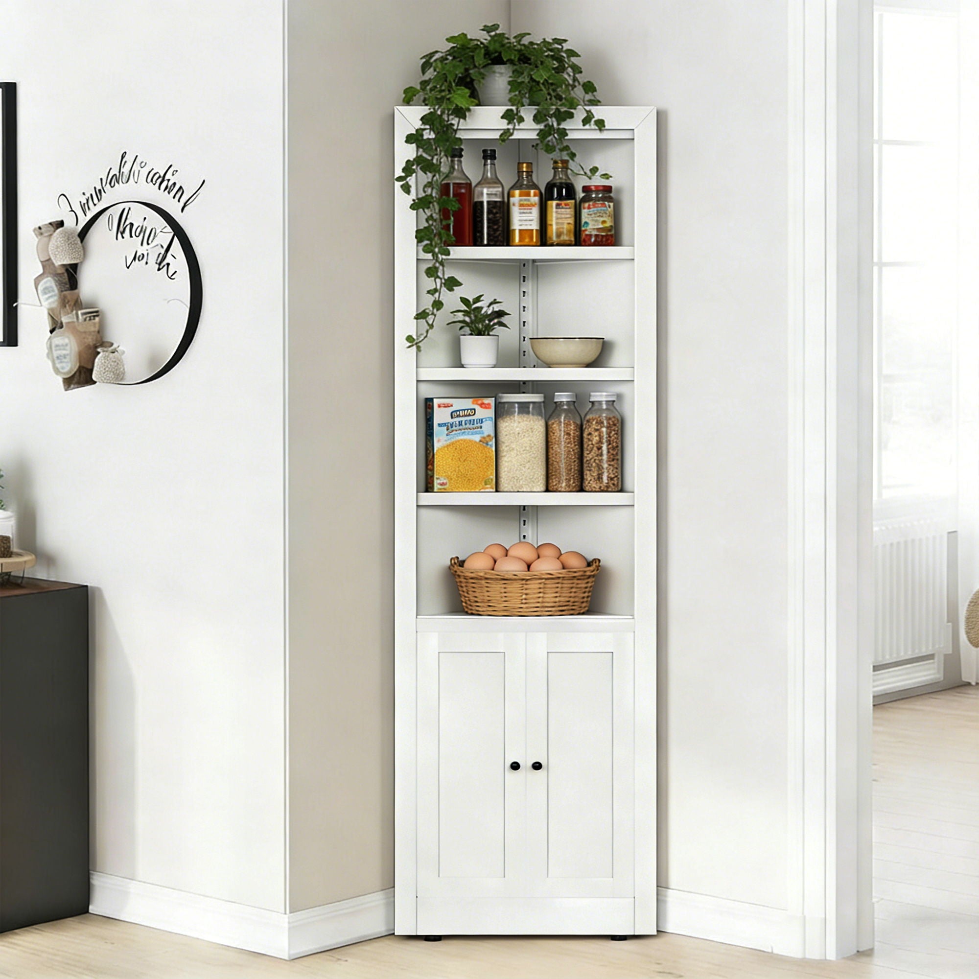 Tall Corner Storage Cabinet With 2 Doors, 5-Tier With Adjustable Shelves, Freestanding - White