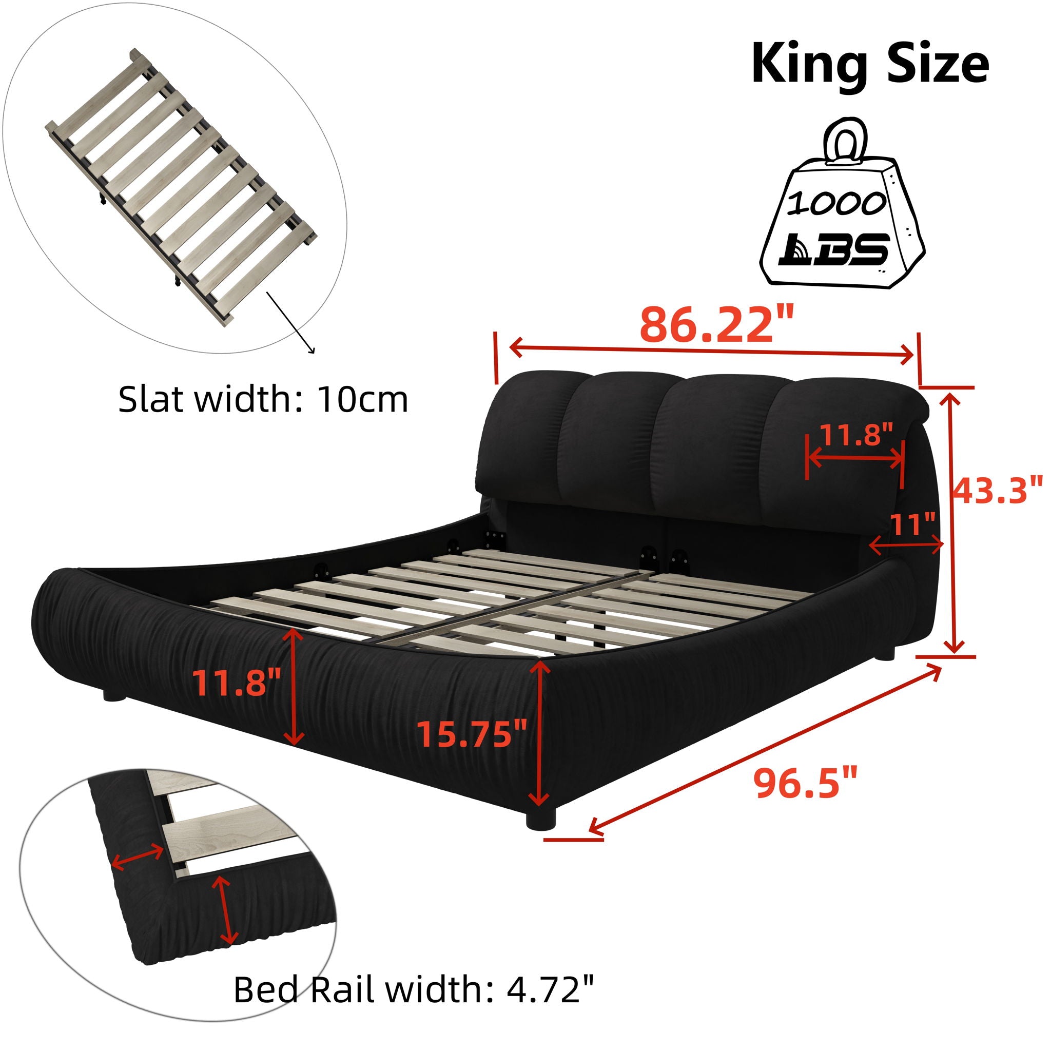 Luxury Upholstered Platform Bed With Oversized Padded Backrest And Solid Wood Frame