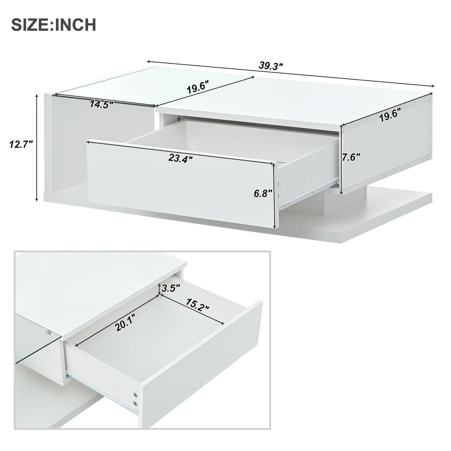 Modern Coffee Table with Tempered Glass, Wooden Cocktail Table with High-gloss UV Surface, Modernist 2-Tier Rectangle Center Table for Living Room, White