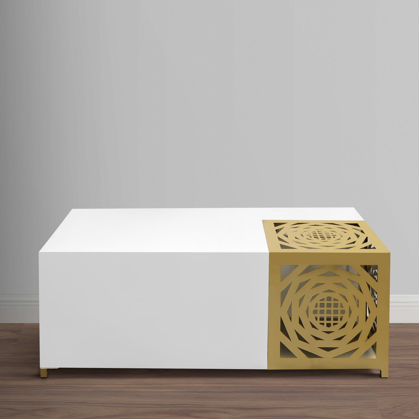 48 Inch Rectangular Modern Coffee Table with Geometric Cut Out Design, White and Brass