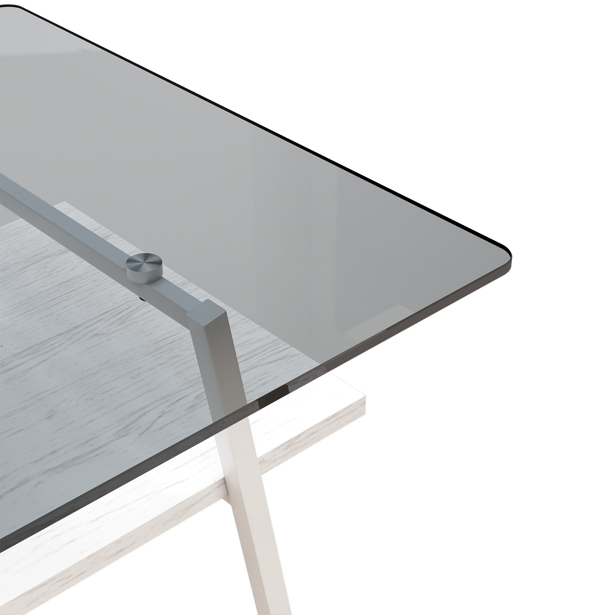 Rectangle Coffee Table, Tempered Glass Tabletop with White Metal Legs, Modern Table for Living Room , Gray Glass