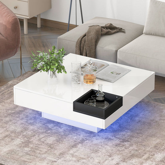 Modern Minimalist Design 31.5*31.5in Square Coffee Table with Detachable Tray and Plug-in 16-color LED Strip Lights Remote Control for Living Room( OLD SKU: WF291303AAK )