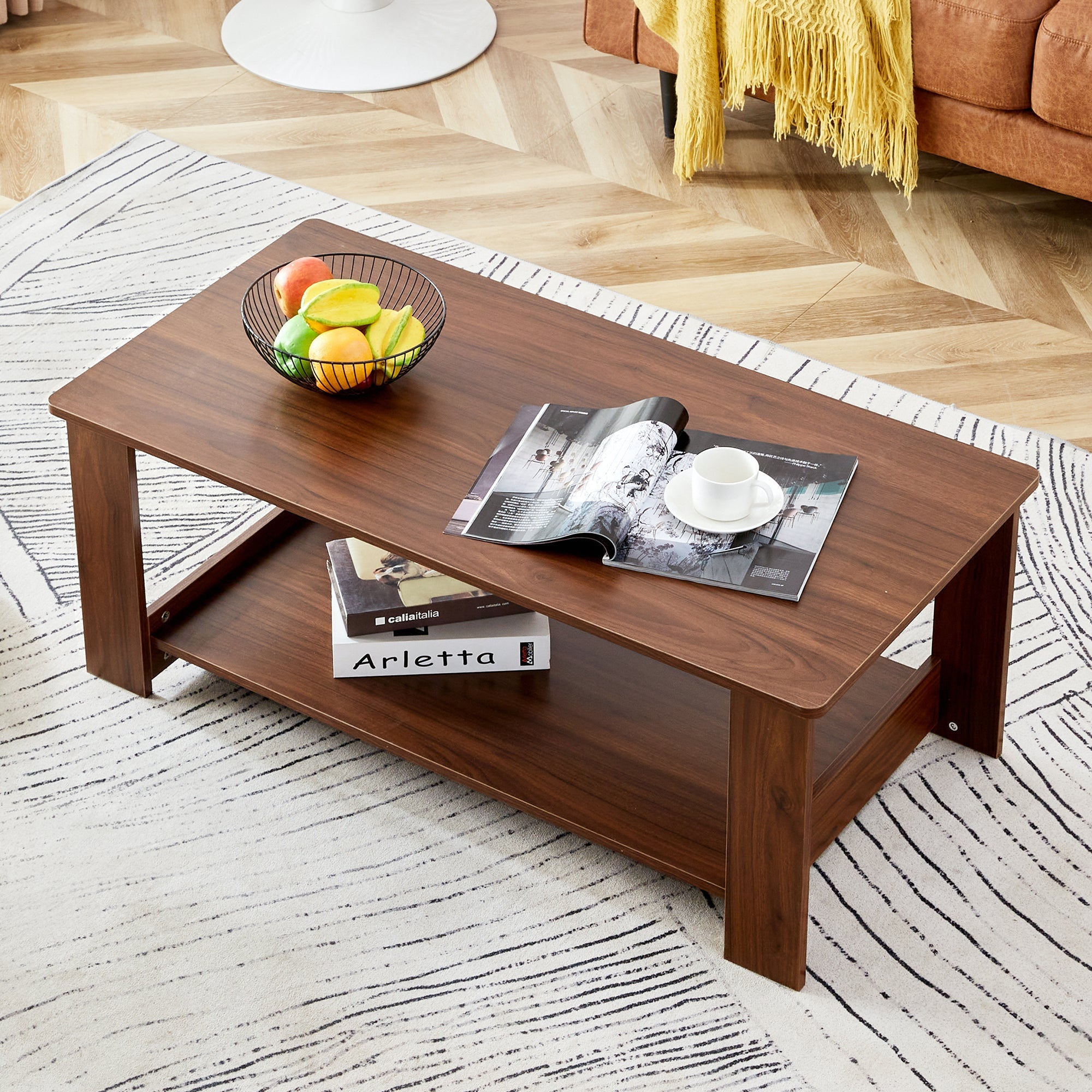 Modern and practical walnut textured coffee tables , tea tables. The double layered coffee table is made of MDF material. Suitable for living room  43.3"*21.6"*16.5"  CT-16