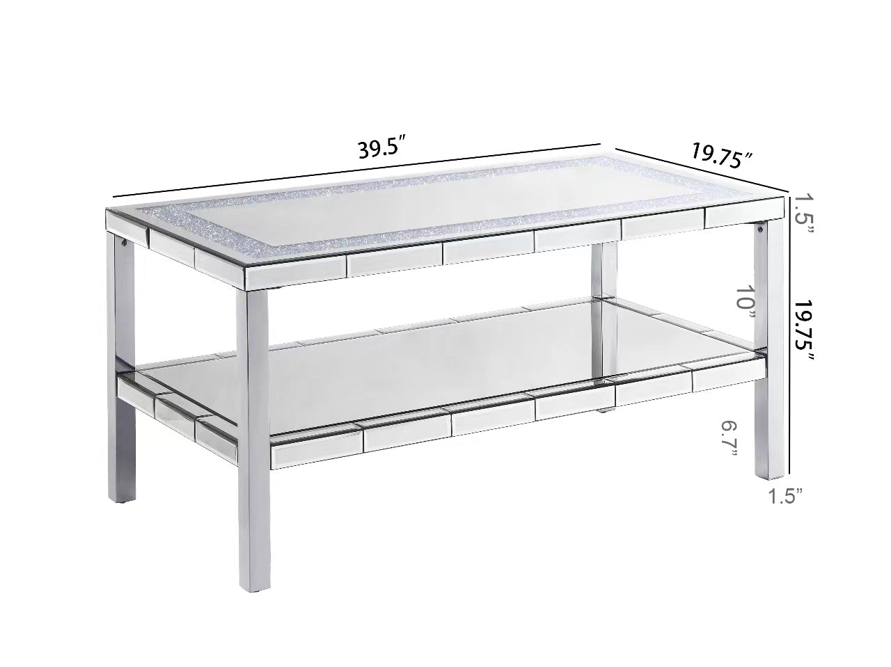W 39.5" X D 19.5"X H 19.5" 2-layer crystal mirror stainless steel frame coffee table for use in offices, shops, living rooms, or bedrooms