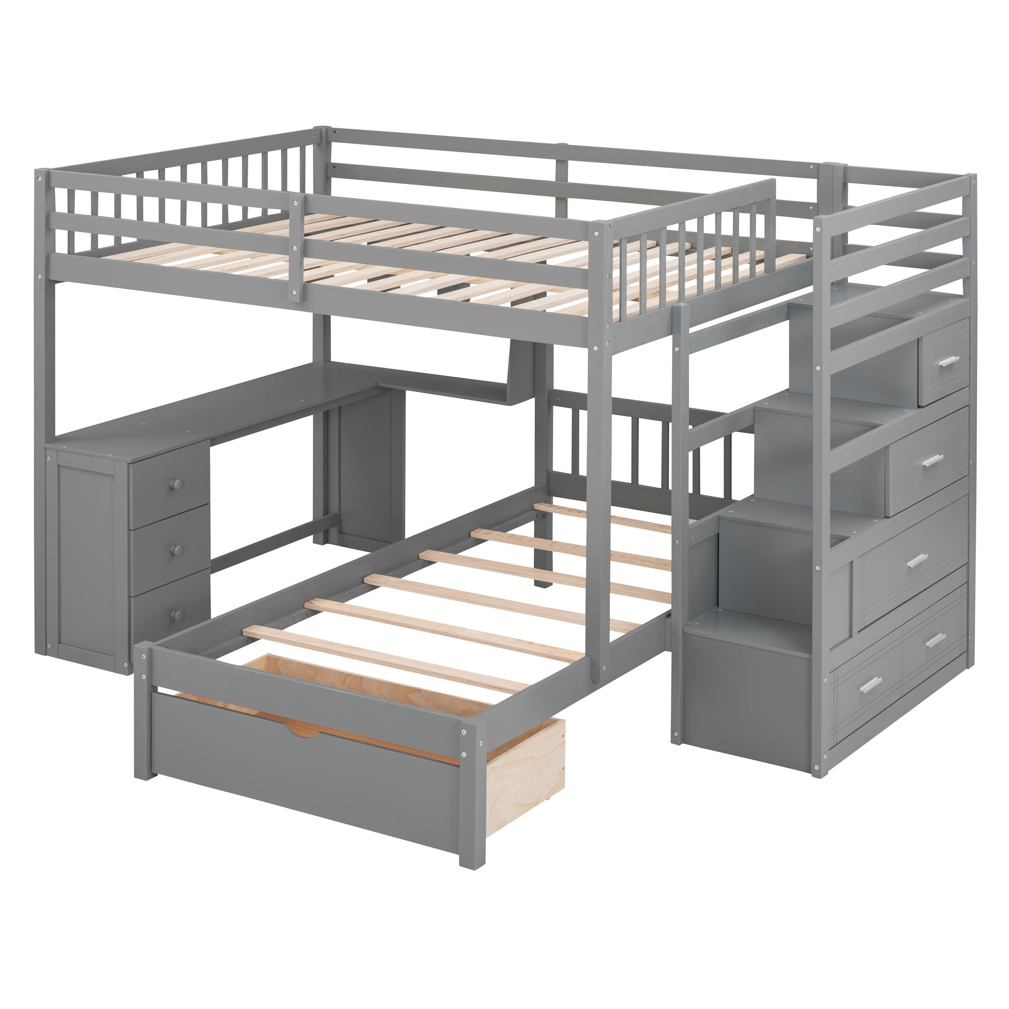 Full Over Twin Bunk Bed with Desk, Drawers and Shelves, Gray