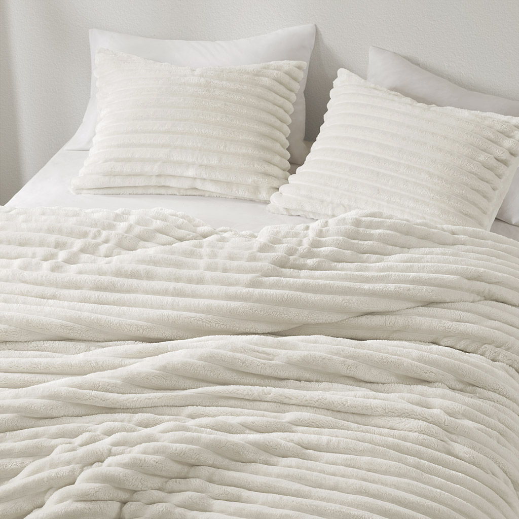 Avril - Full/Queen Fluffy Ribbed Plush Comforter Set - Ivory
