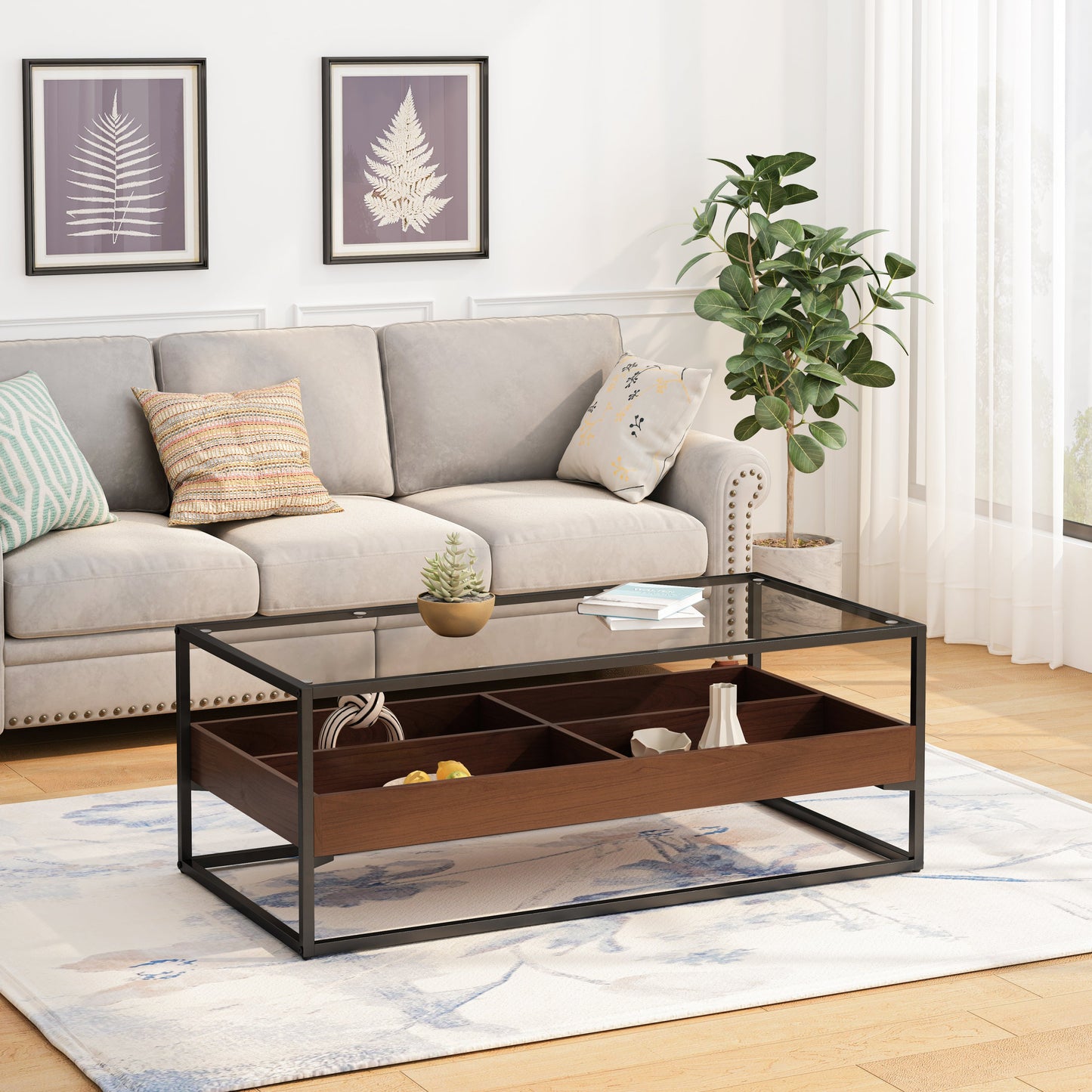 47.24"Rectangle Glass Coffee Table with storage shelf and metal table legs , Home Furniture for Living Room