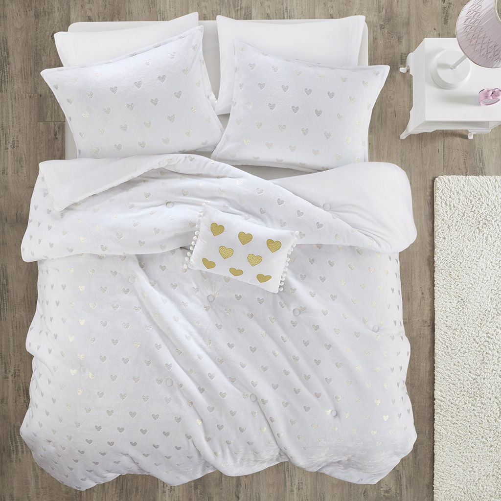 Rosalie - 3 Piece Twin/Twin Long Metallic Printed Plush Comforter Set With Throw Pillow - White/Gold