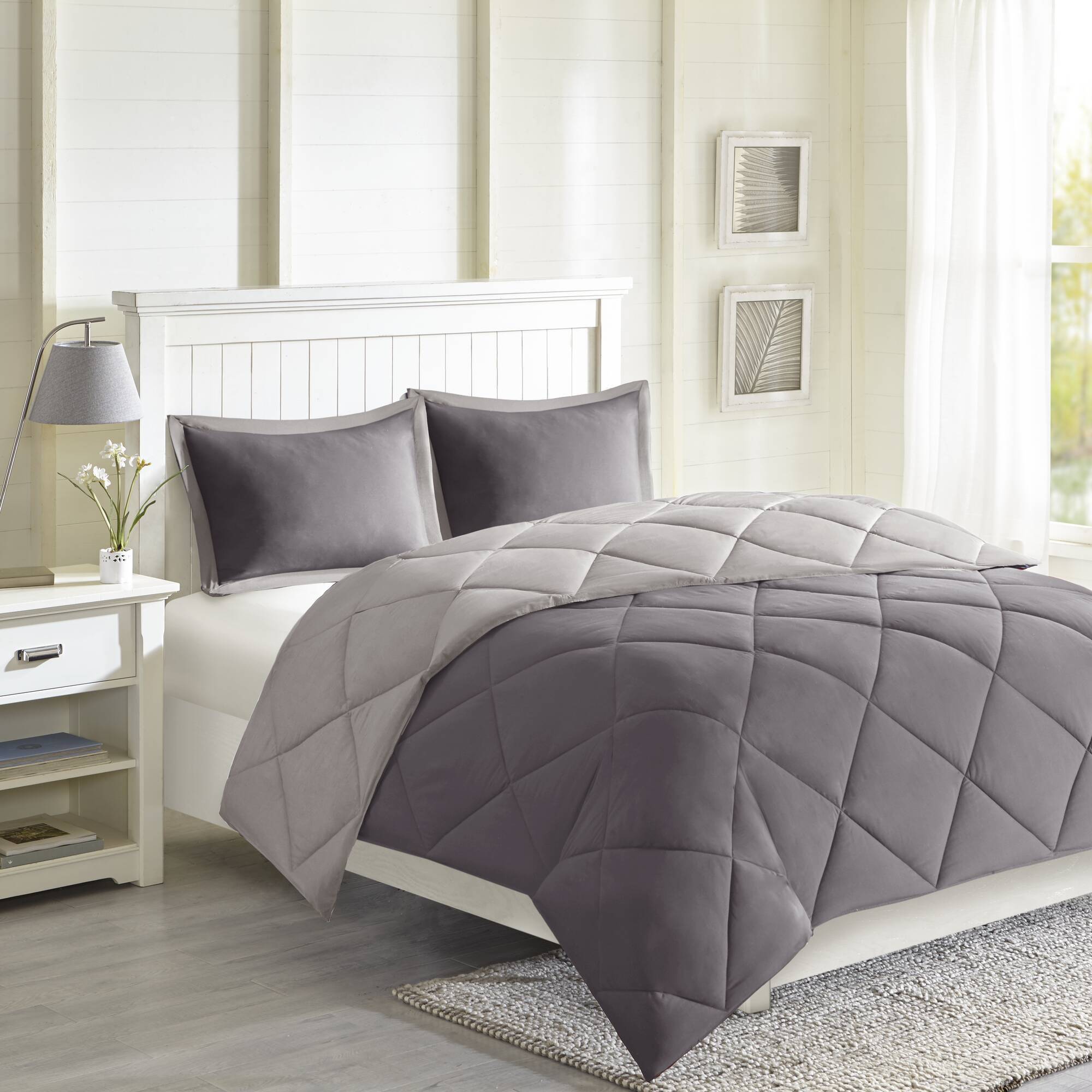 Larkspur - Twin 3M Scotchgard Diamond Quilting Reversible Down Alternative Comforter Set - Charcoal / Gray