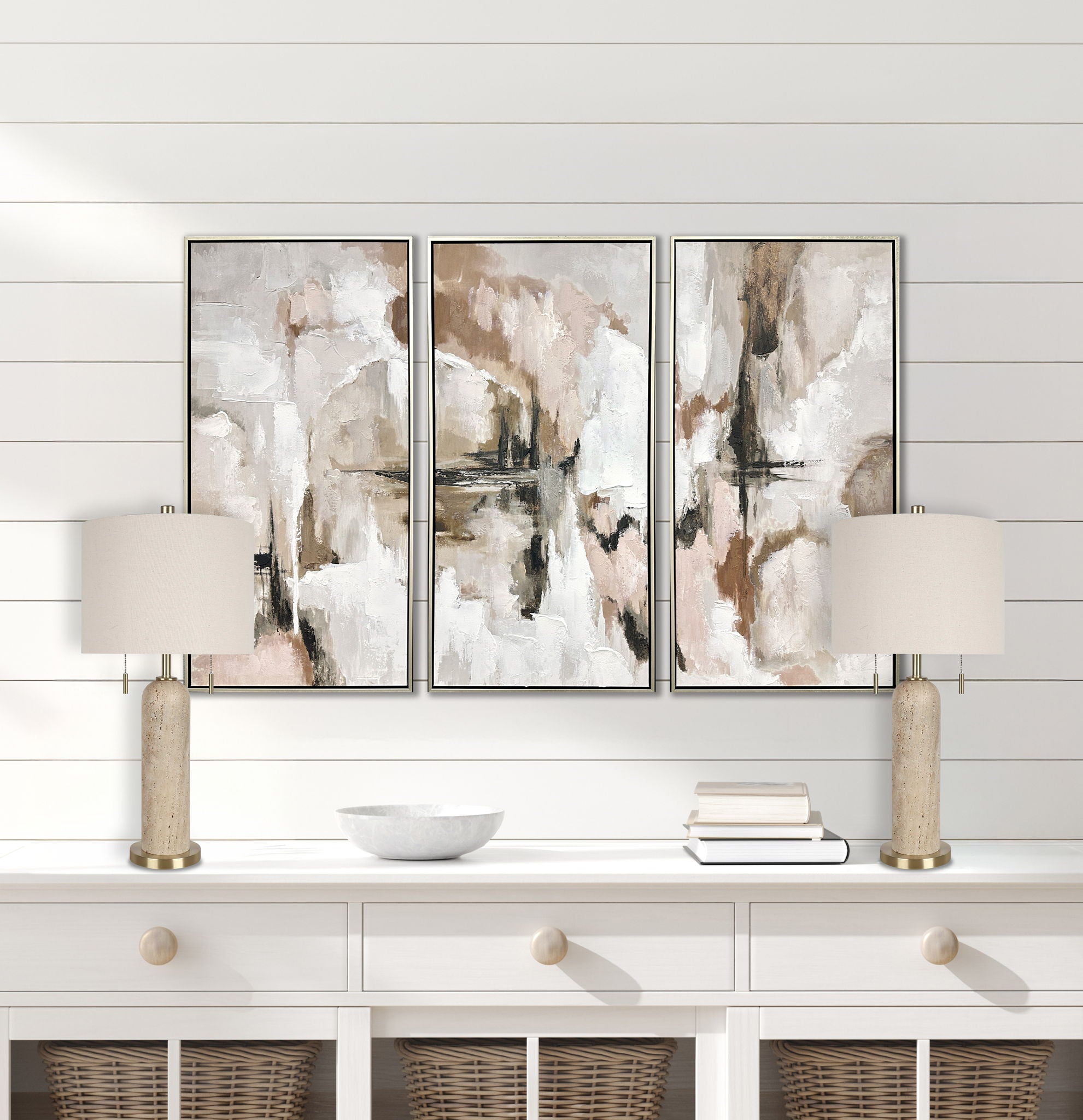 "Travertine Elegance" Travertine Table Lamp (Set of 2) - Travertine / Soft Gold