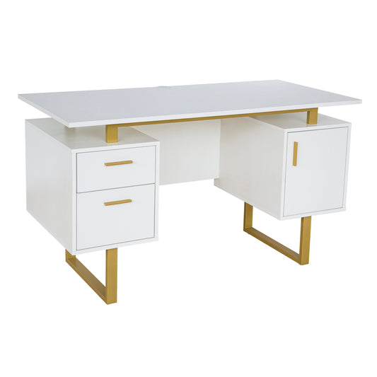 Techni Mobili White and Gold Desk for Office with Drawers & Storage, 51.25 in. W