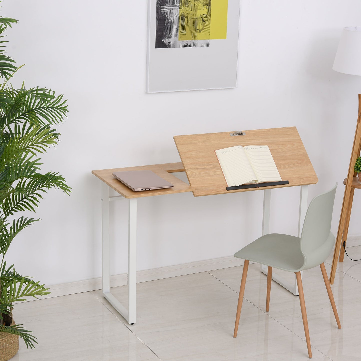 HOMCOM Modern Drafting Drawing Table with Adjustable Tiltable Tabletop, Writing Office Desk Artist Workstation, Oak