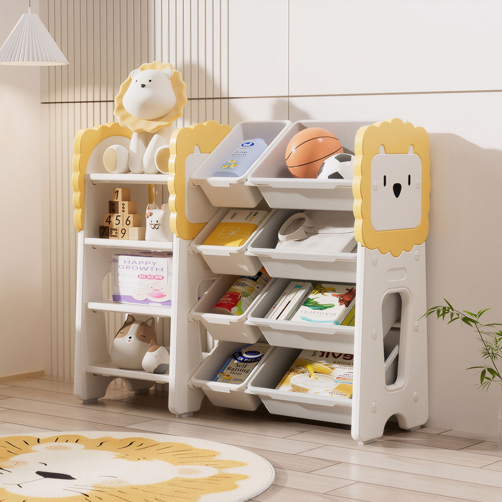 Kids Bookshelf And Toy Storage, 4 Tier Toy Organizers With 8 Removable Storage Bins, Kids Toy Storage Organizer For Study Room - Gray / White / Yellow
