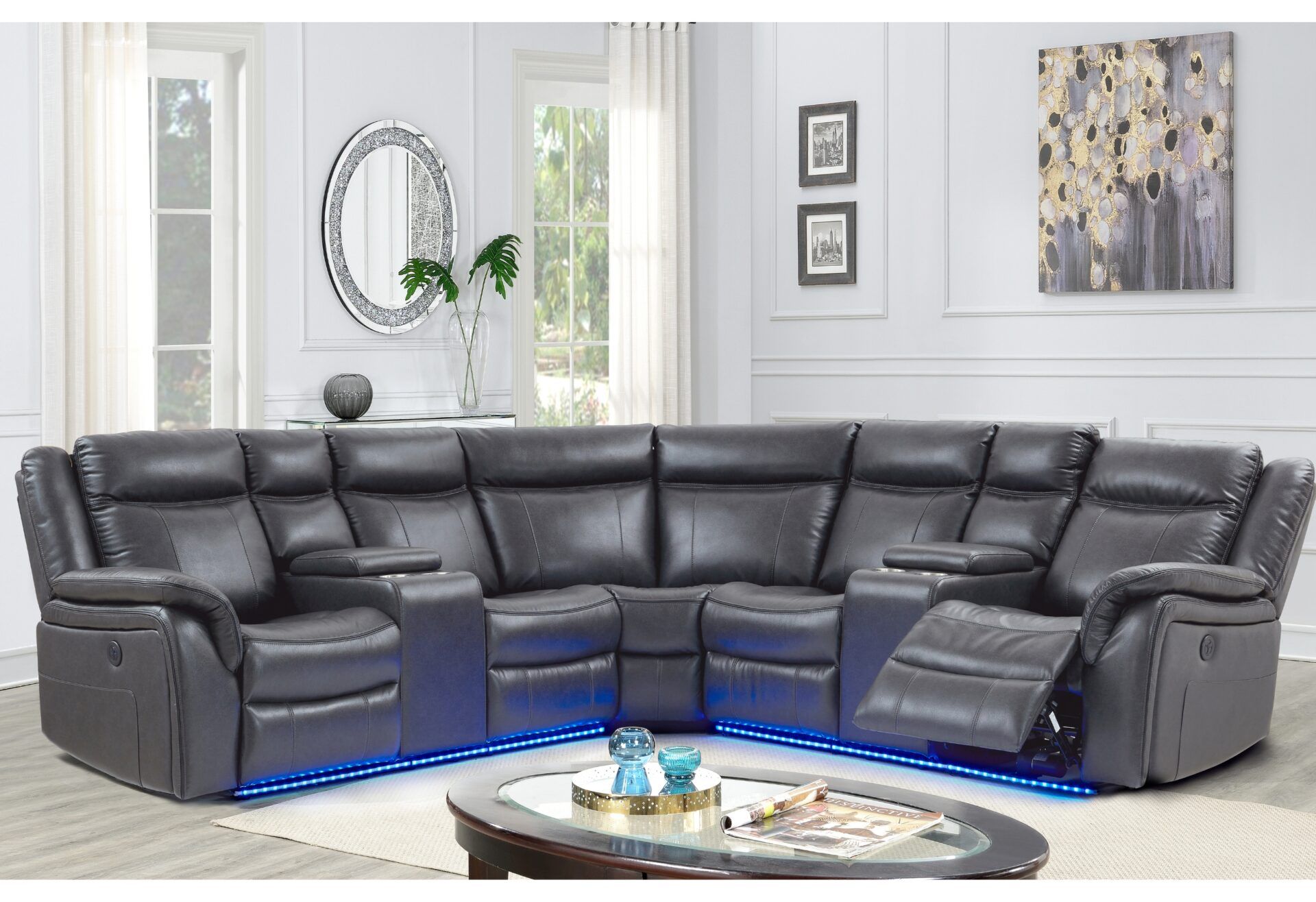 UM02 - Sectional RAF Power Console Reclining Loveseat With LED - Charcoal
