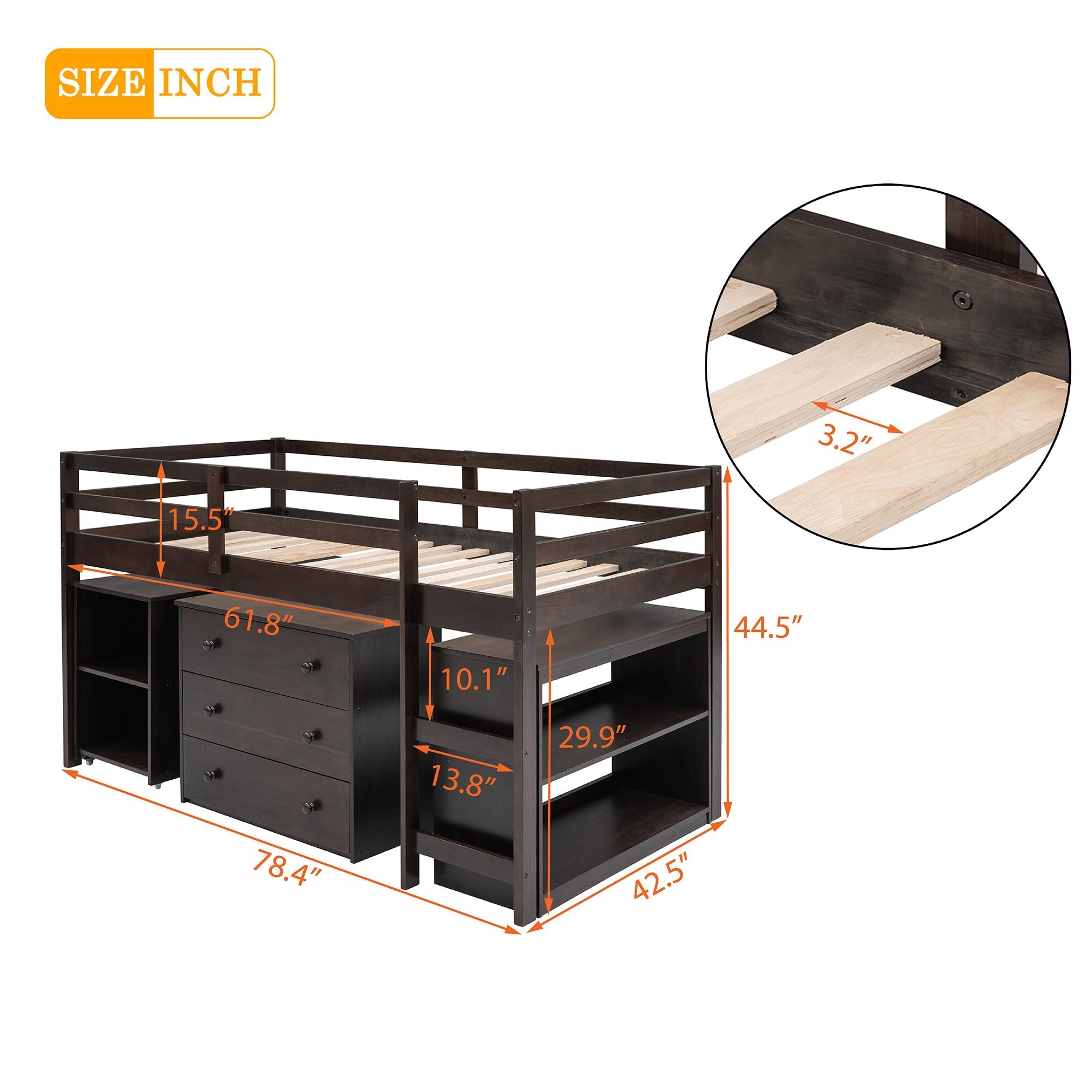 Low Study Twin Loft Bed with Cabinet and Rolling Portable Desk - Espresso (OLD SKU :LP000113AAP)