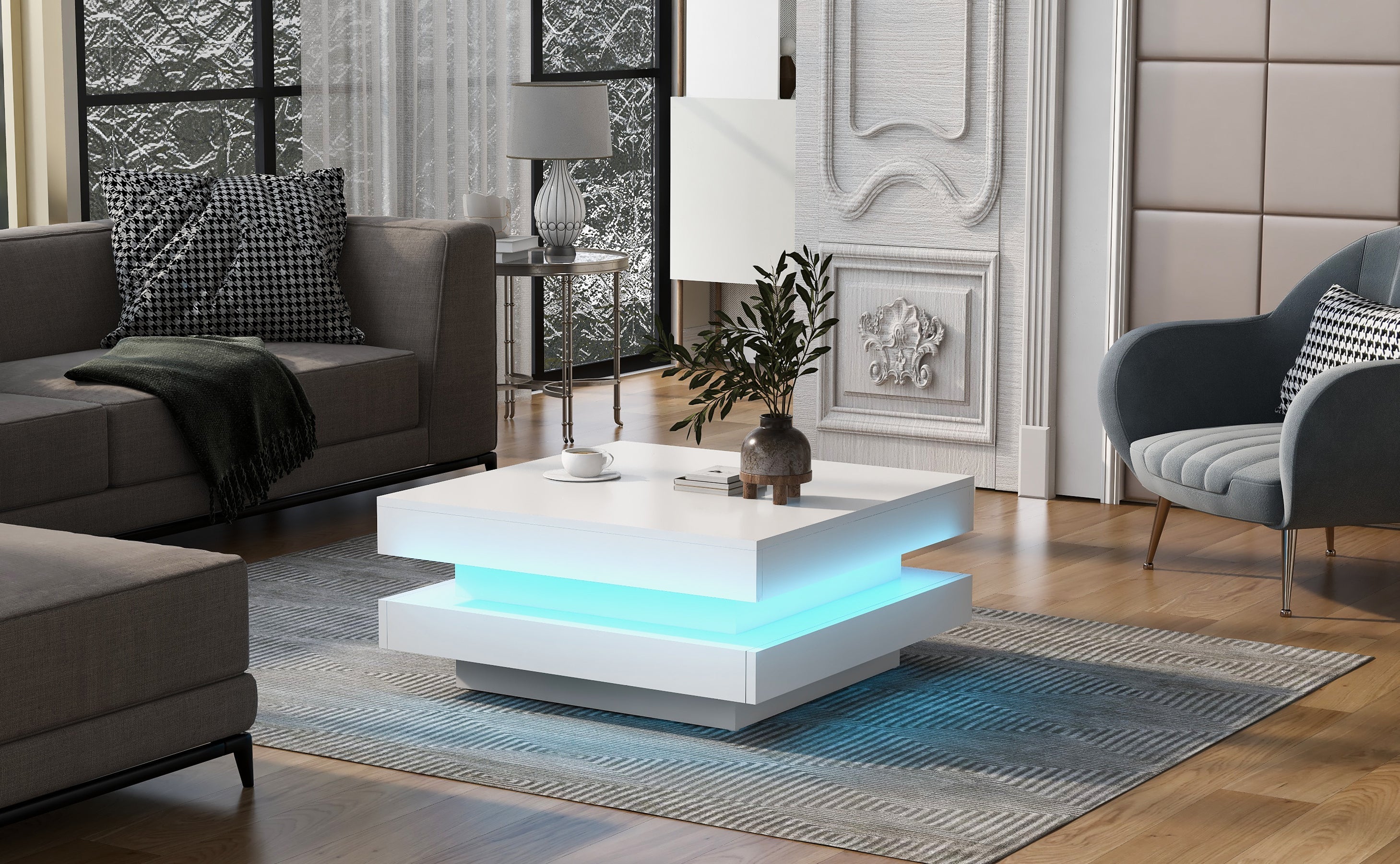 High Gloss Minimalist Design with LED Lights, 2-Tier Square Coffee Table, Center Table for Living Room, 31.5''x31.5''x14.2'', White