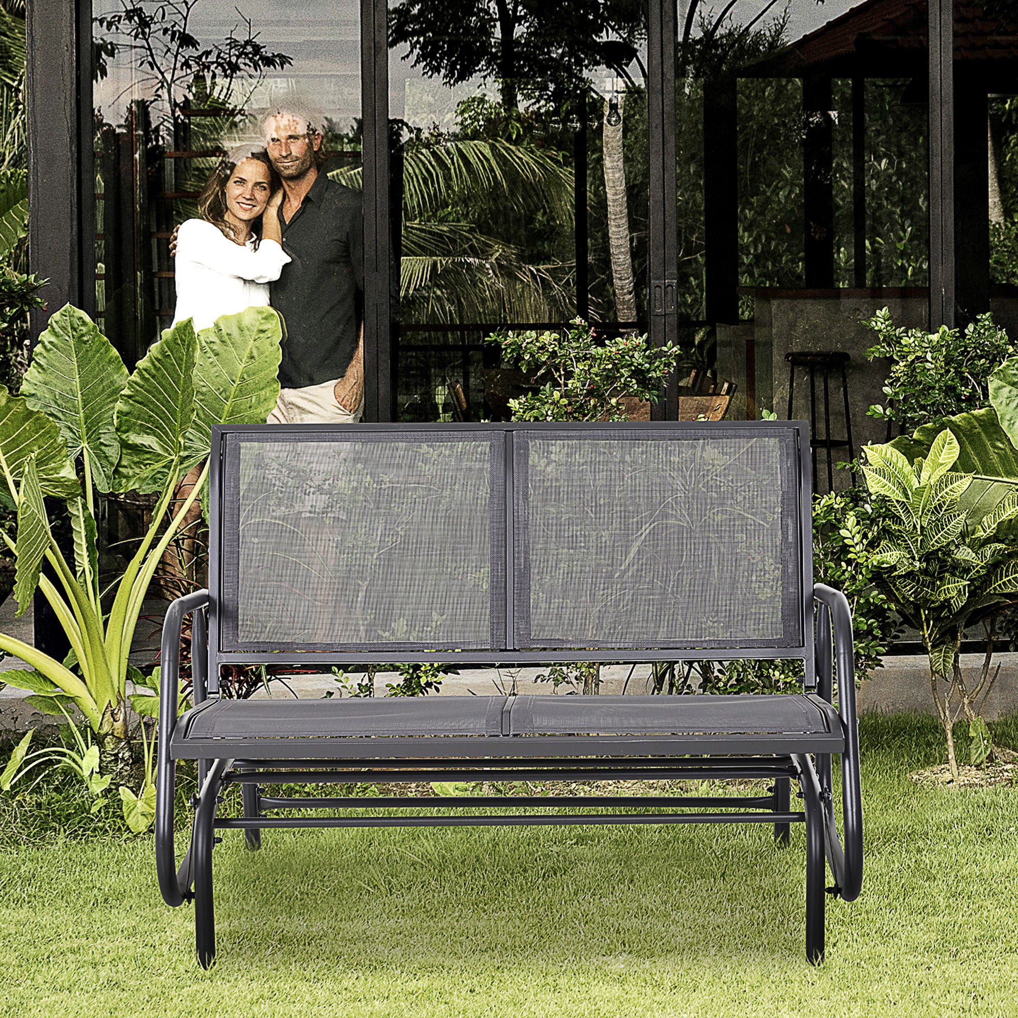 Outsunny - 2 Person Outdoor Glider Bench, Patio Double Swing Rocking Chair Loveseat With Powder Coated Steel Frame For Backyard Garden Porch - Gray