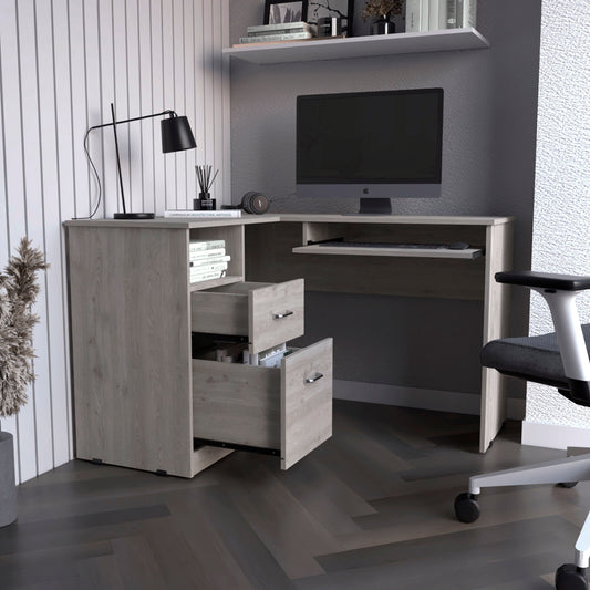 L-Shaped Desk Bradford, Keyboard Shelf, Light Gray Finish