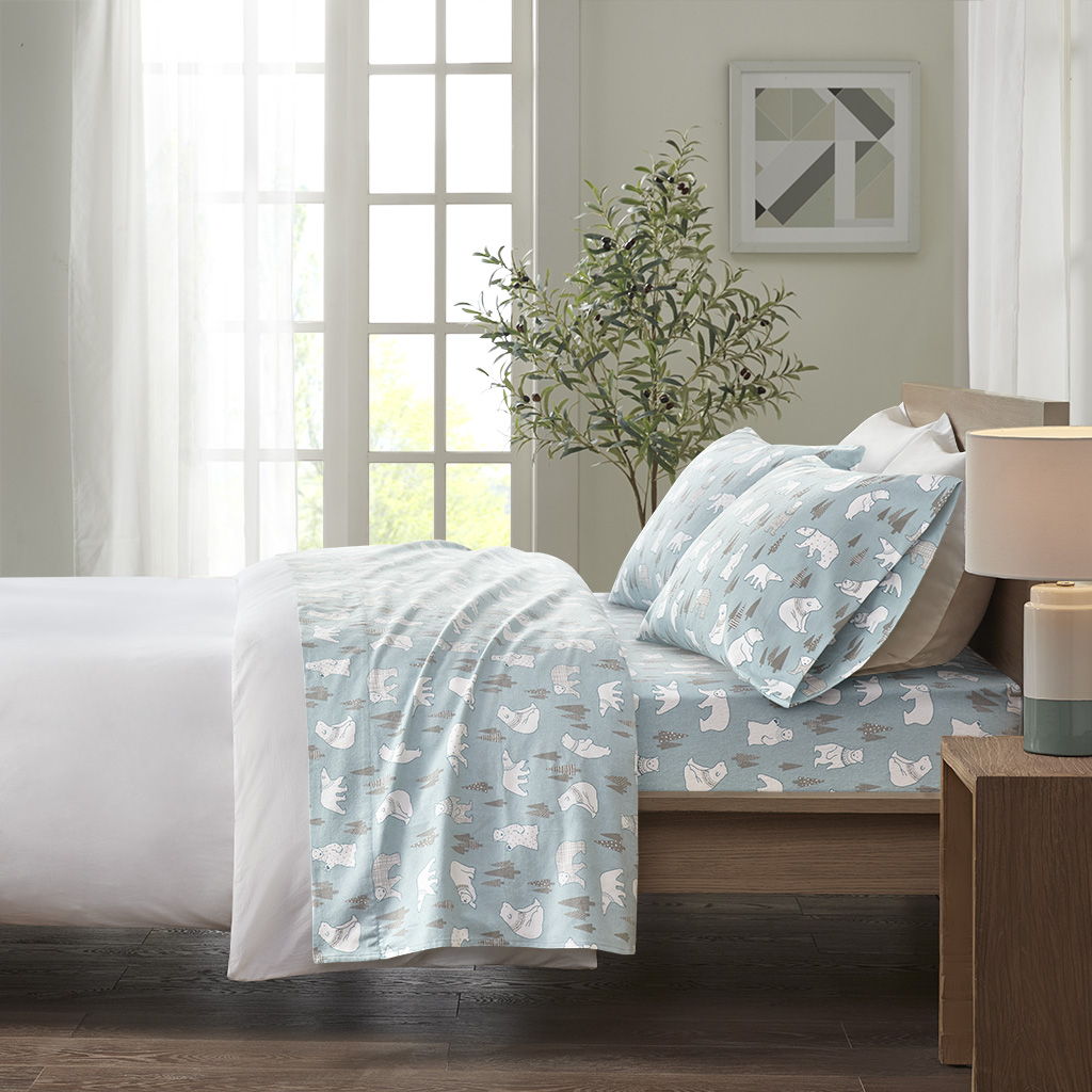 Cozy Flannel - King Printed Sheet Set - Blue Polar Bears