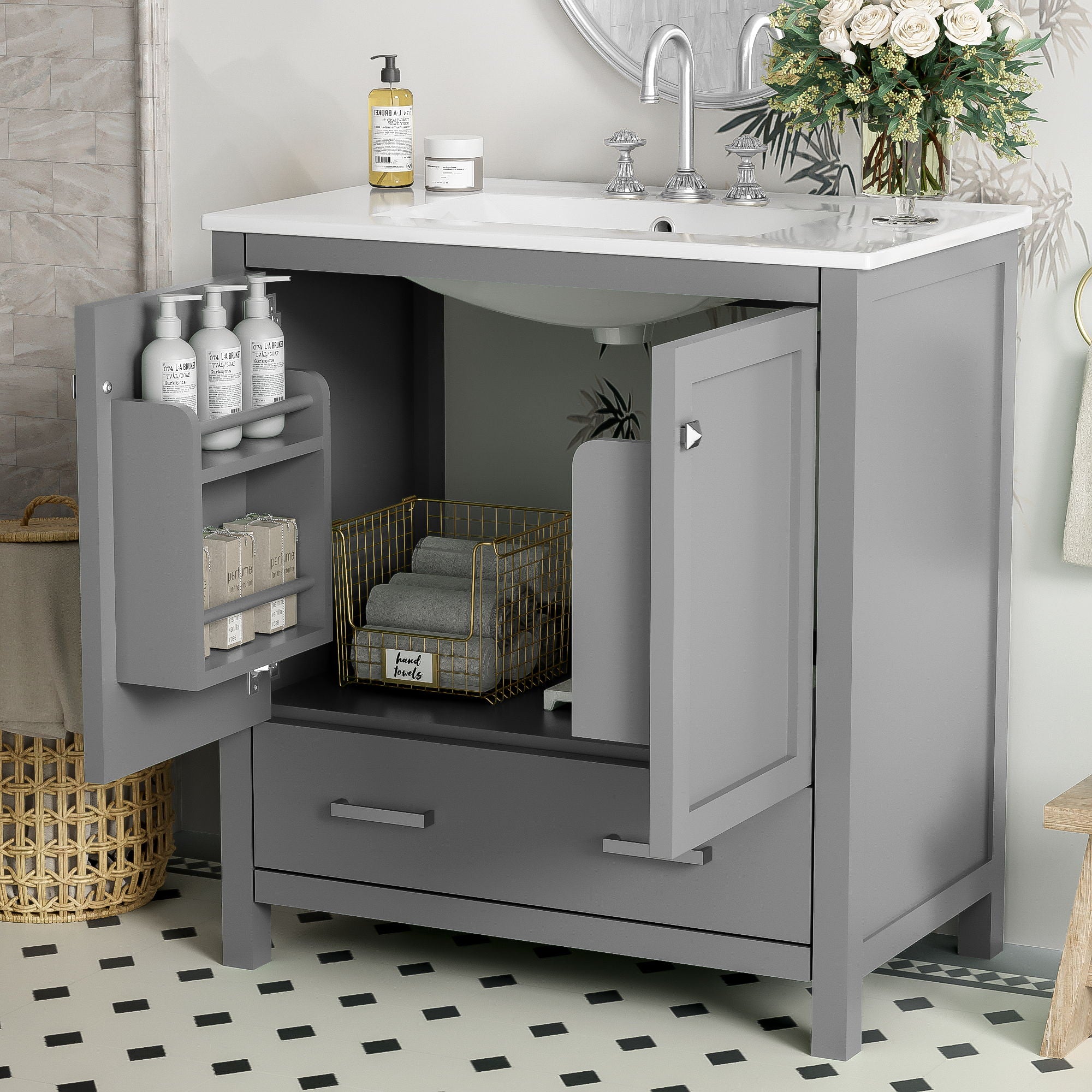 Bathroom Vanity With Single Sink, Combo Cabinet Undermount Sink, Bathroom Storage Cabinet With Two Doors And A Drawer, Soft Closing, Multifunctional Storage, Solid Wood Frame