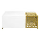 48 Inch Rectangular Modern Coffee Table with Geometric Cut Out Design, White and Brass