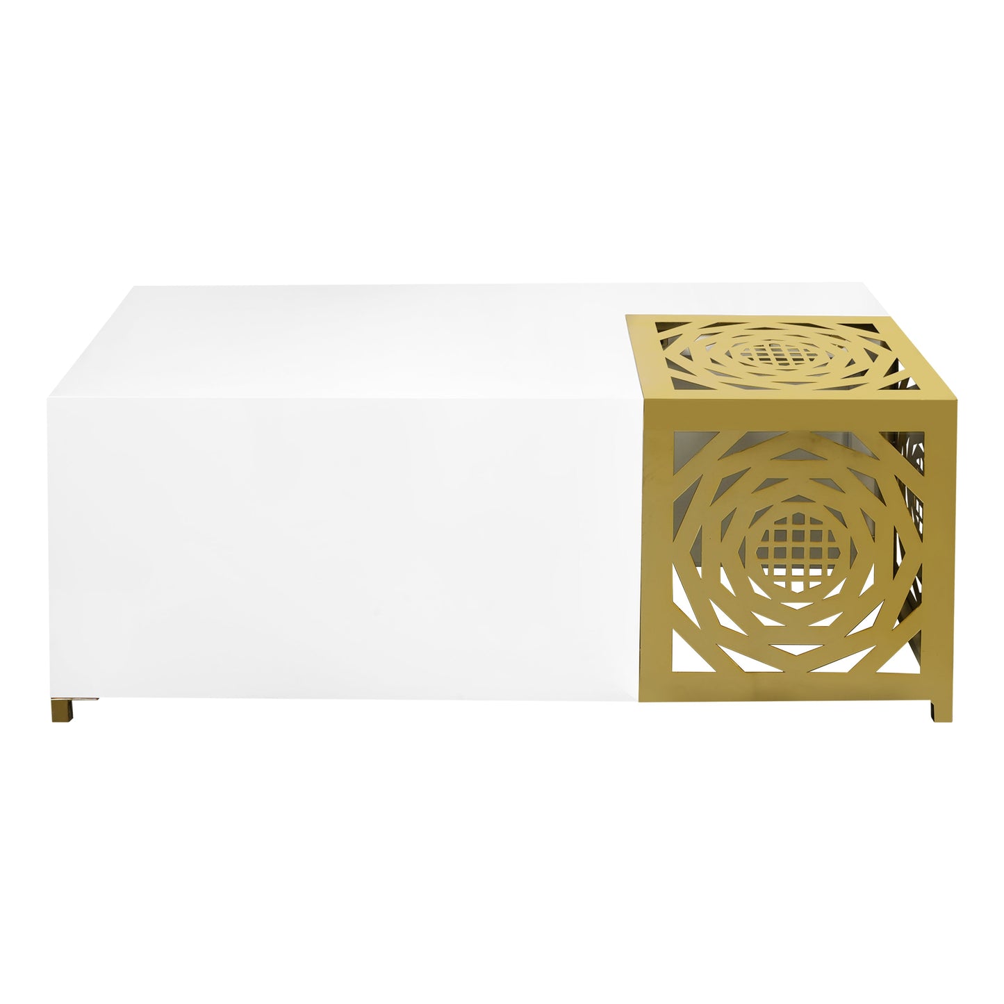 48 Inch Rectangular Modern Coffee Table with Geometric Cut Out Design, White and Brass