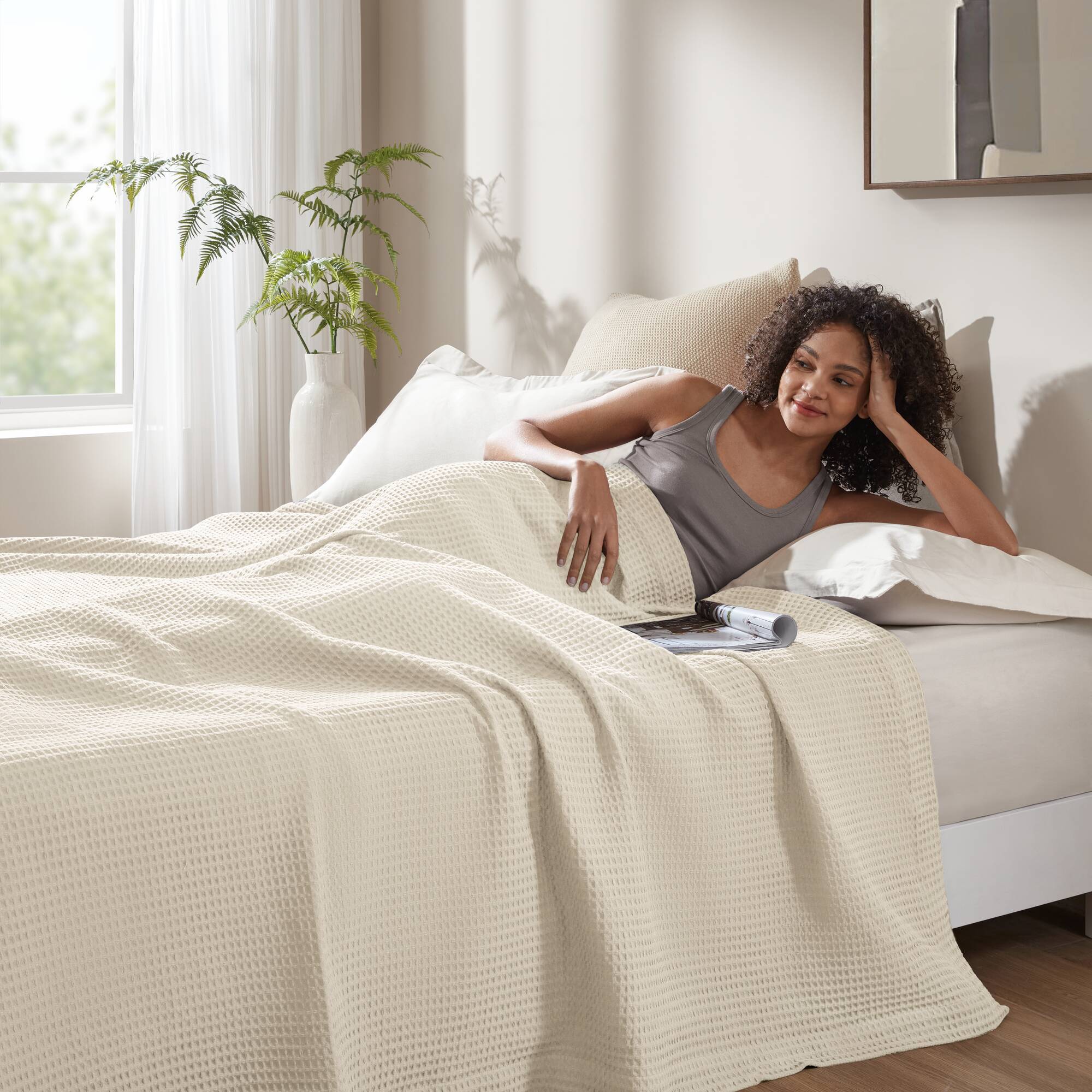 Waffle Weave - King Cotton Blanket - Ivory